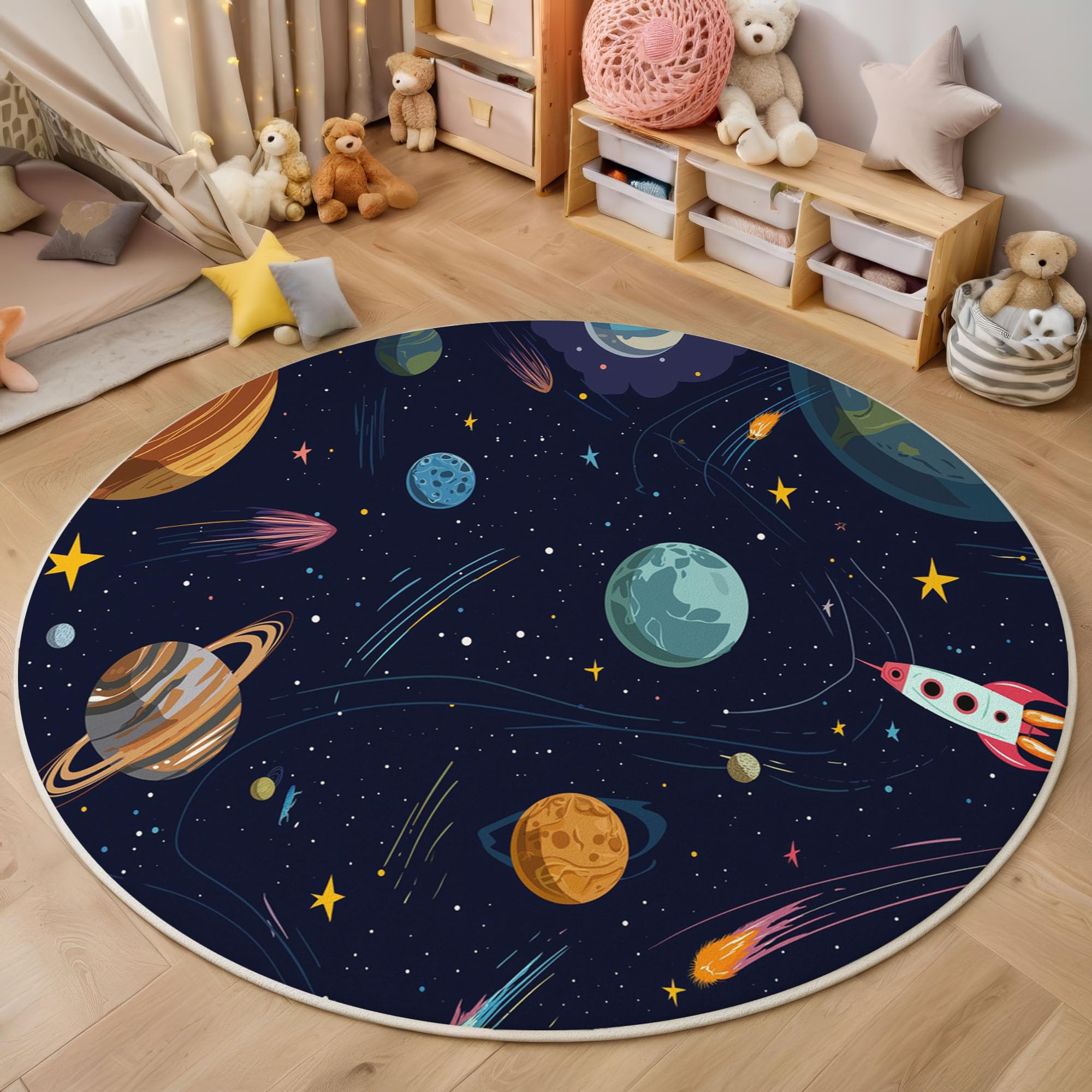 Cartoon-Weltraum-Hintergrund Maschinenwaschbarer Runder Teppich–Weich Pflegeleicht Mit Planet Raketenmuster Print-Muster, Anti-Rutsch Teppich Für Wohnzimmer Und Küche,100Cm,Dunkelblau