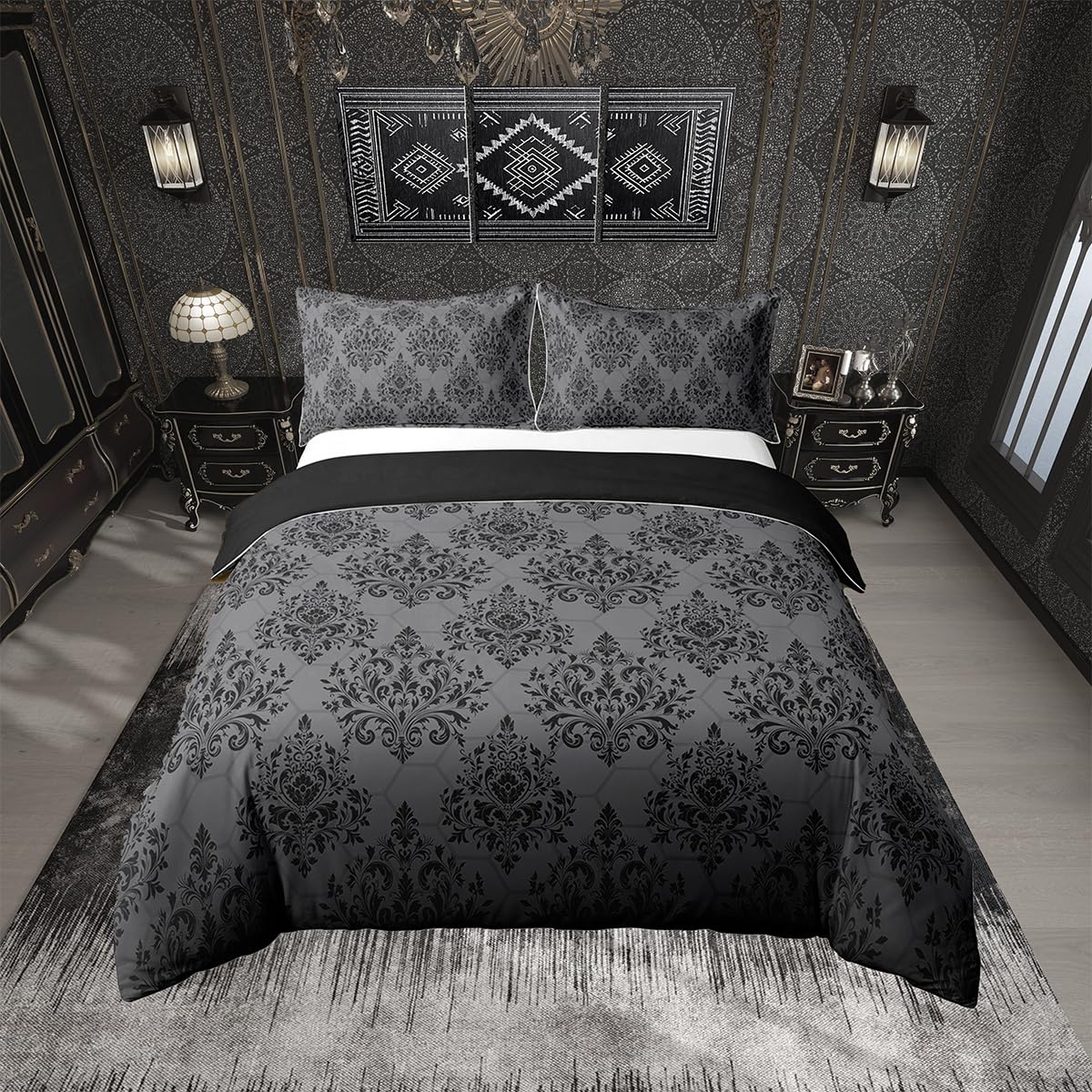 Loussiesd Black Gothic Floral Duvet Cover Set Cot Size For Adults Girls Women Vintage Damask Floral Print Bedding Set Bohemian Exotic Comforter Cover with 1 Pillowcase Boho Style Beds Set โ image 1