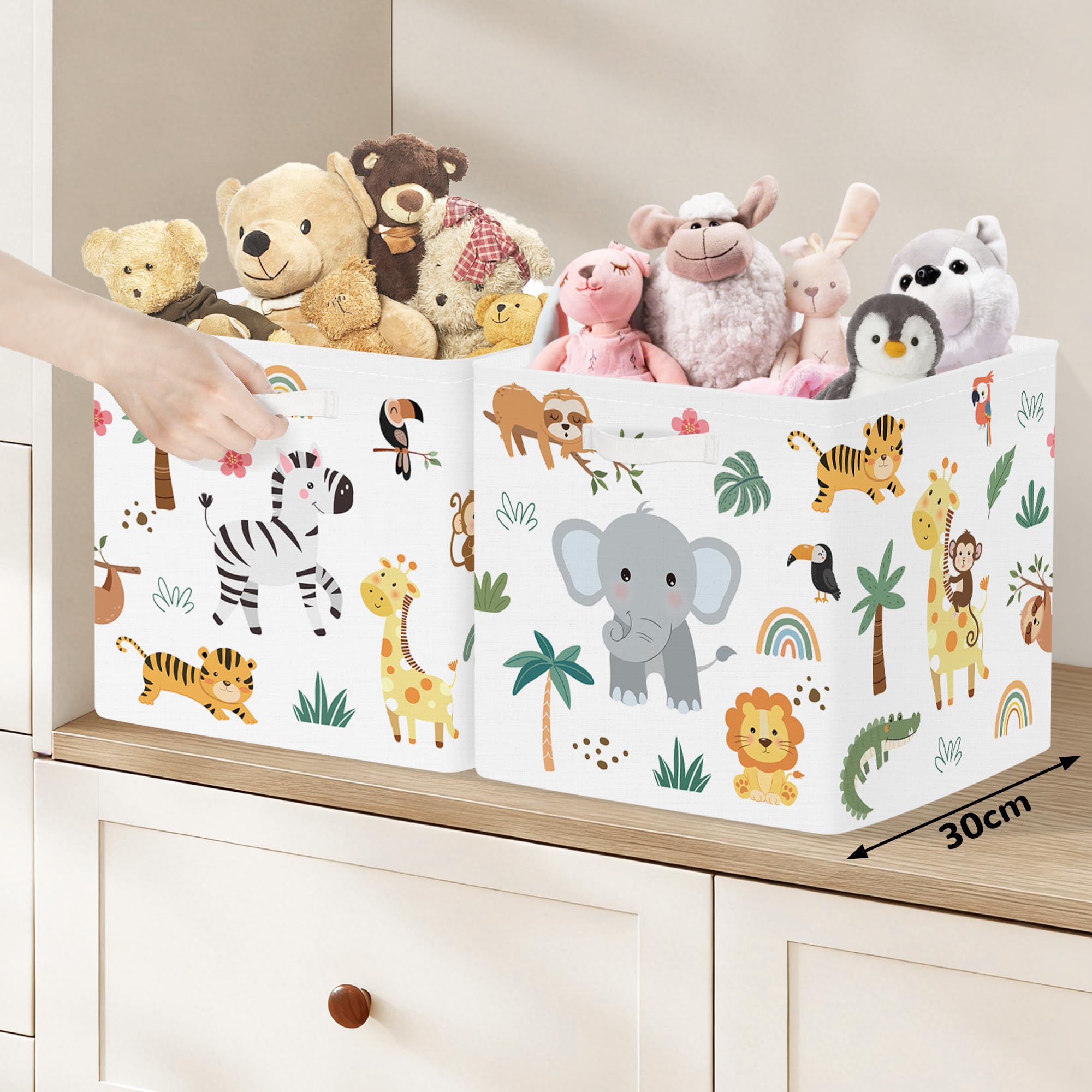 Clastyle Juego de 3 Caja Almacenaje Tela Animal Jungla Cestas Almacenaje Ropa Padres y Madres para Juguetes Cestas Organizadoras Plegable para Armarios,Blanco,30x30x30 cm