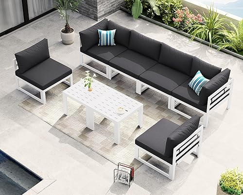 Miniatura 531 de NICESOUL 7 Piece White Powder-Coated Aluminum Patio Furniture with Fire Pit Table, 29 Inch Extra Wide Outdoor Sectional Sofa for 6, High-End Heavy