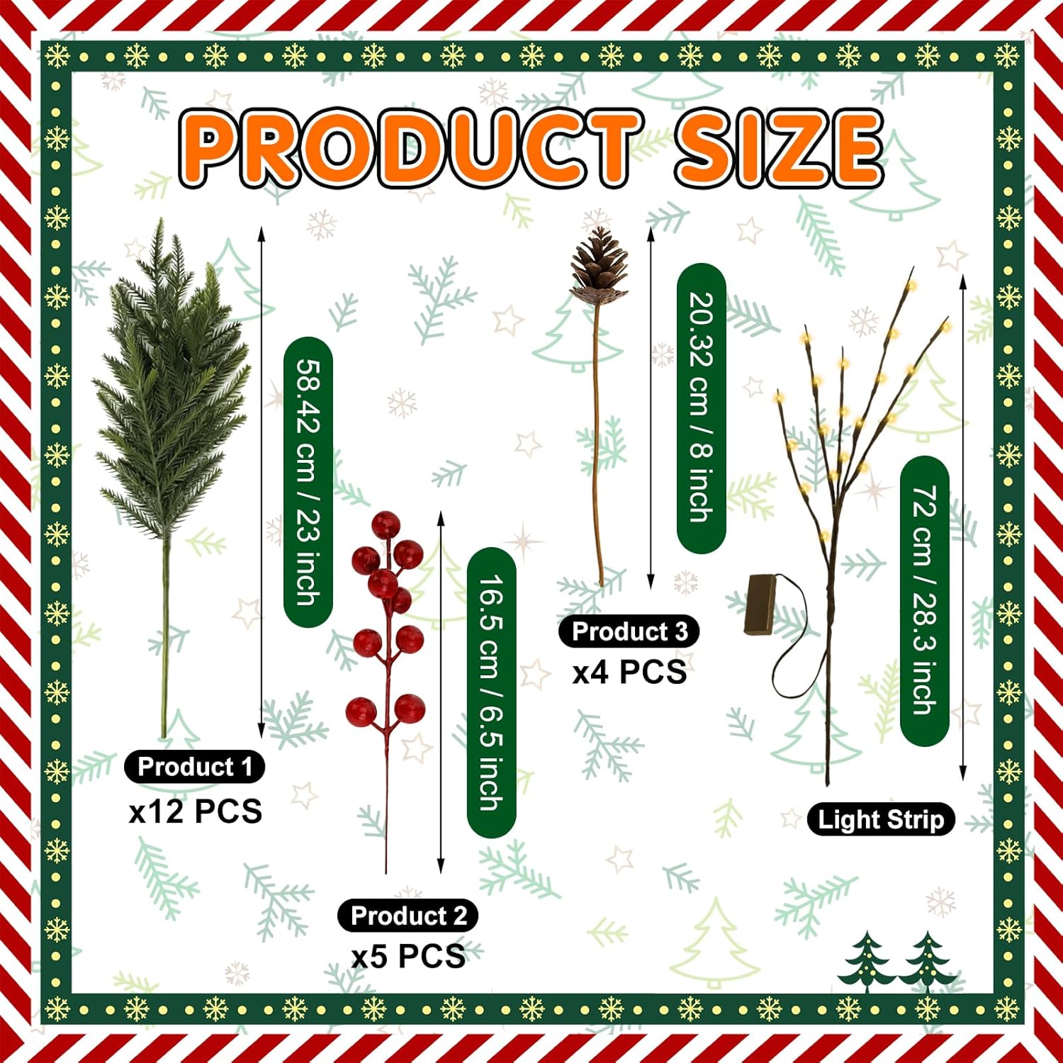22Pcs 23inch Christmas Norfolk Pine Branches, with a Branch stem lamp. Artificial Green Norfolk Pine Branch Plume, Suitable for DIY Handmade Wreaths and Home Decoration(with Light Strip).