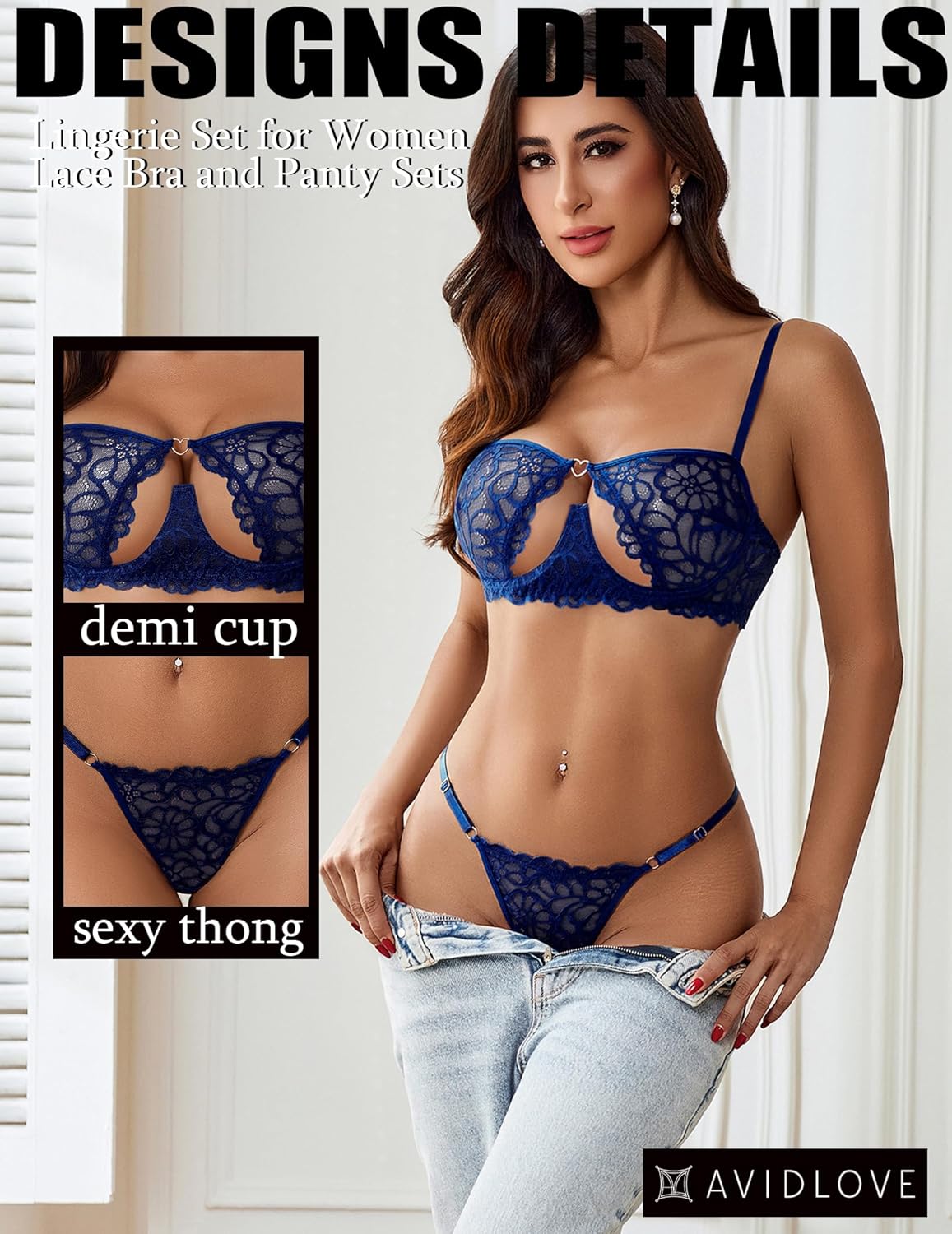 Avidlove Lingerie for Women Sexy Lace Bra and Panty Set Underwire Push Up Lingerie Sets Demi Half Cup - Image 2