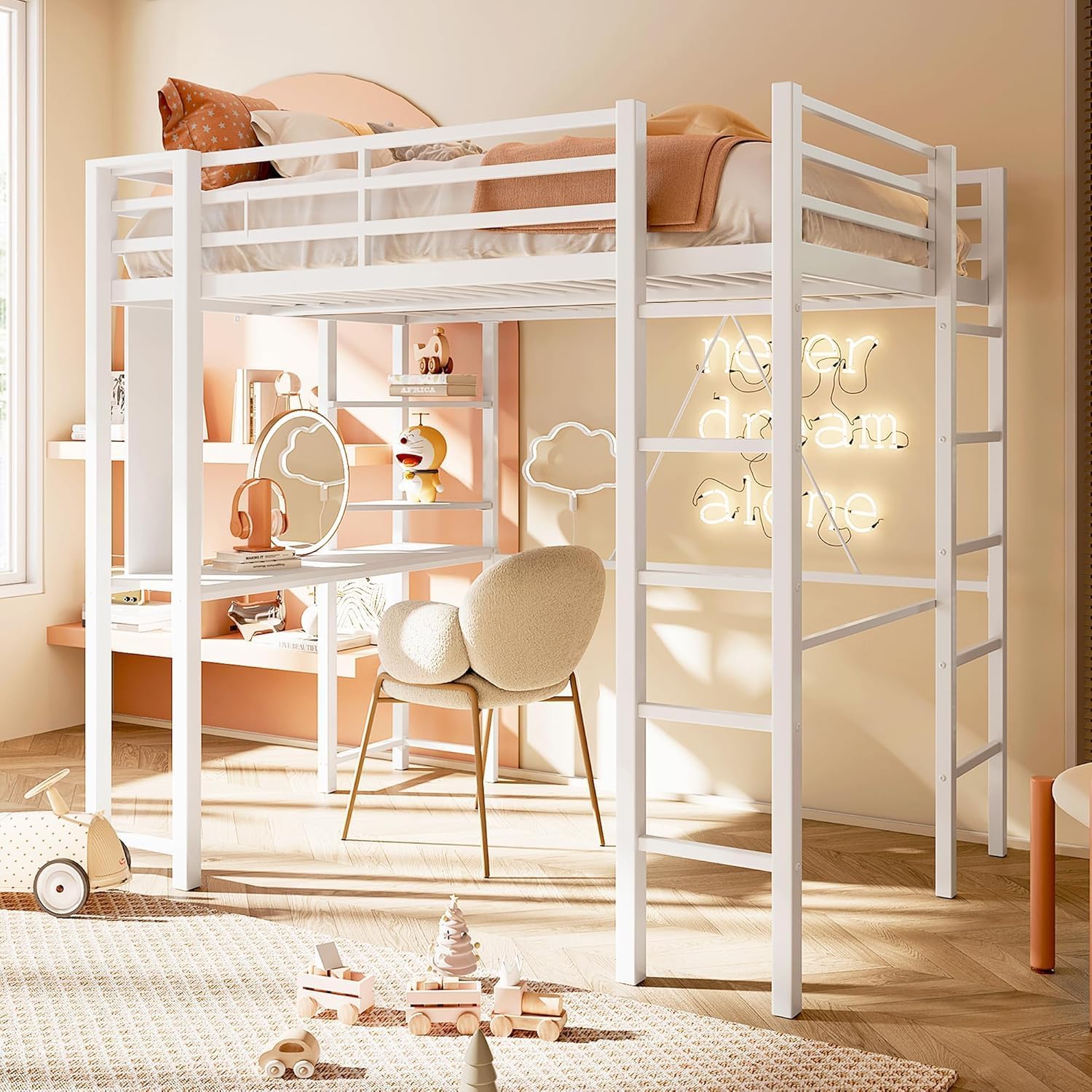 SUNLEI Metal Twin Loft Bed with Desk, Twin Size Loft Bed with 2 Built-in Ladders & Safety Guard, Noise Free for Small Bedroom, Matte White