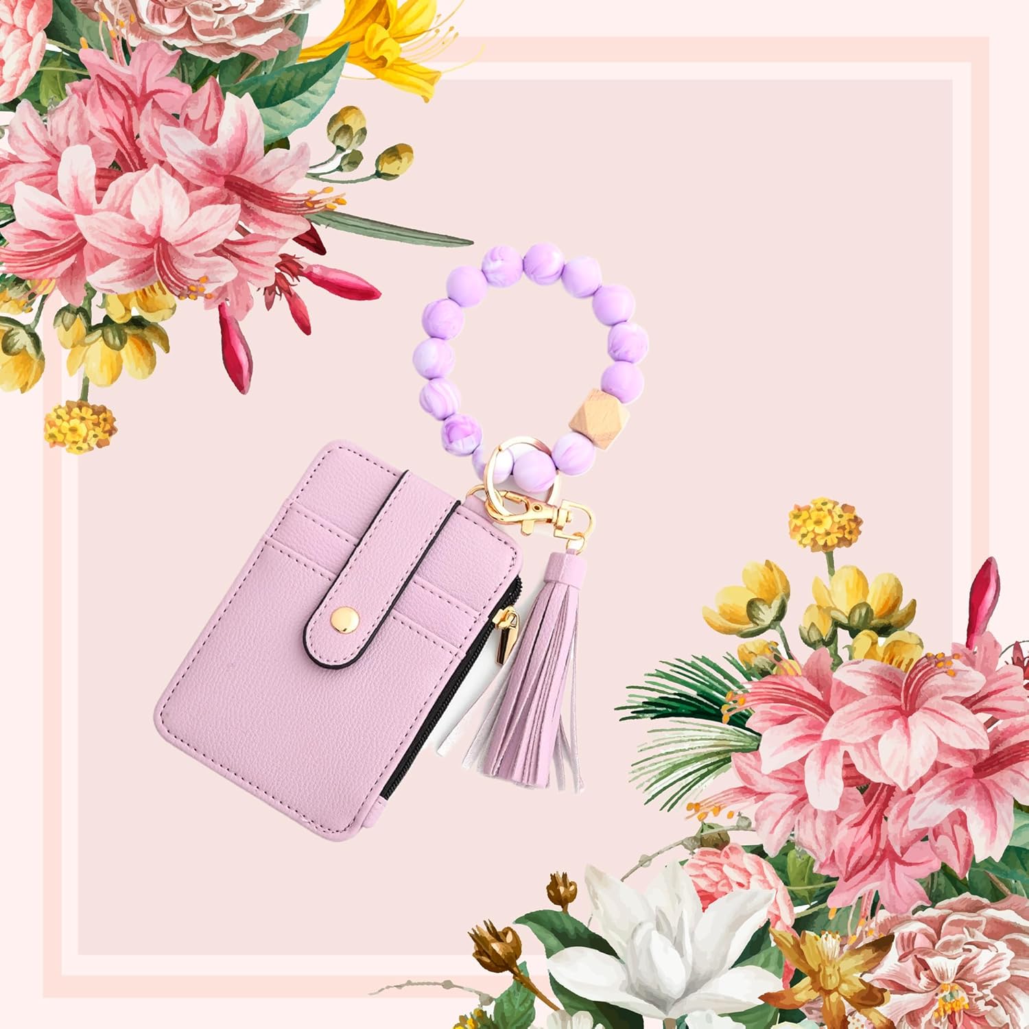 Cute Wristlet Keychain Wallet for Women Boho Credit Card Holder Silicone Beaded Tassel Coin Purse PU Leather Bracelet Wallet ﻿ (F) - Image 5