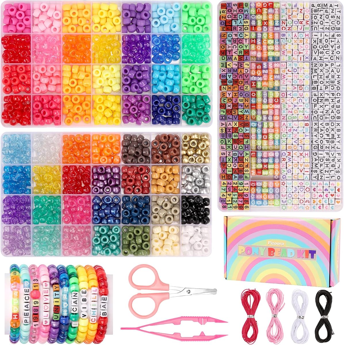 Pizooro Kit para hacer pulseras, 2400 piezas de cuentas de pulsera, 56 colores de cuentas de pony en organizador de cuentas, 1400 cuentas Kandi + 1000 cuentas de letras, suministros de joyería para pulseras de la amistad, regalos de bricolaje para adolescentes