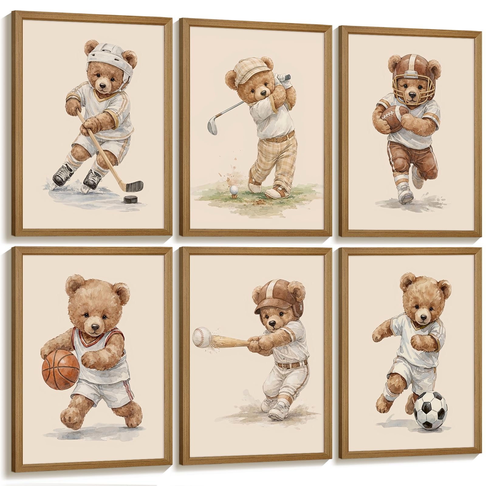 Nursery Teddy Bear Wall Decor Boy Room Wall Art Baby Canvas Prints Vintage Sports Decor Pictures Teddy Bear Poster Nursery Painting for Playroom Bedroom 12x16 Inch Framed Set of 6 12x16 Inch Wood Framed Teady Bear Art