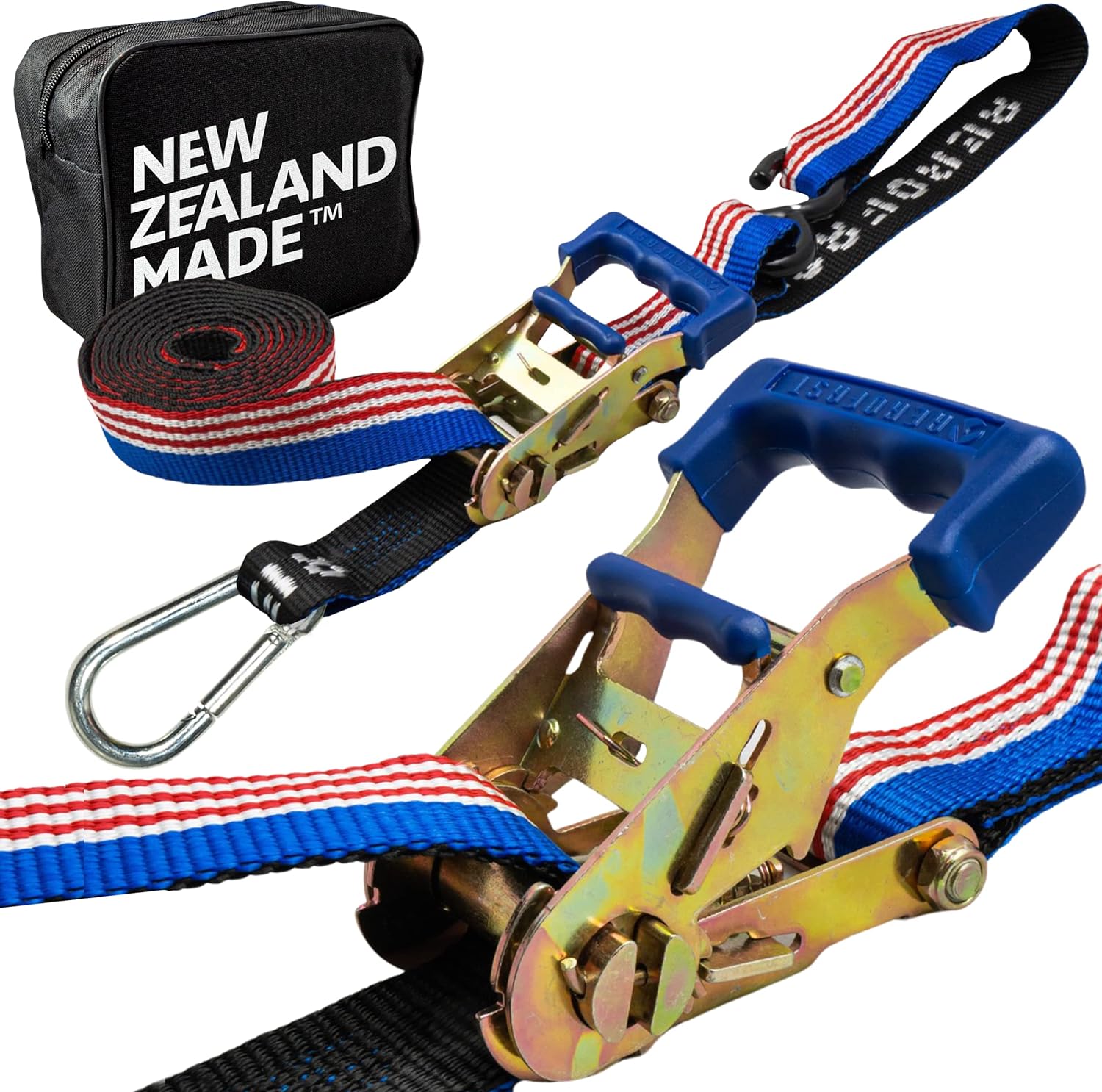 Loadfast Ratchet Tie Down Straps for Motorcycles | New Zealand Made Motorcycle Tie Down 1.5" x 8" Heavy Duty Dirt Bike Tie Down Straps with Soft Loop & Safety Carabiner | 3,000lbs (2 Pack) USA Color