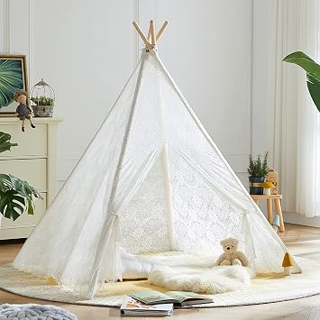 Asweets Kids Teepee Tent, Children Play Tent, Indoor Outdoor Cotton Play Tent for Girls & Boys Kids White Lace Tent