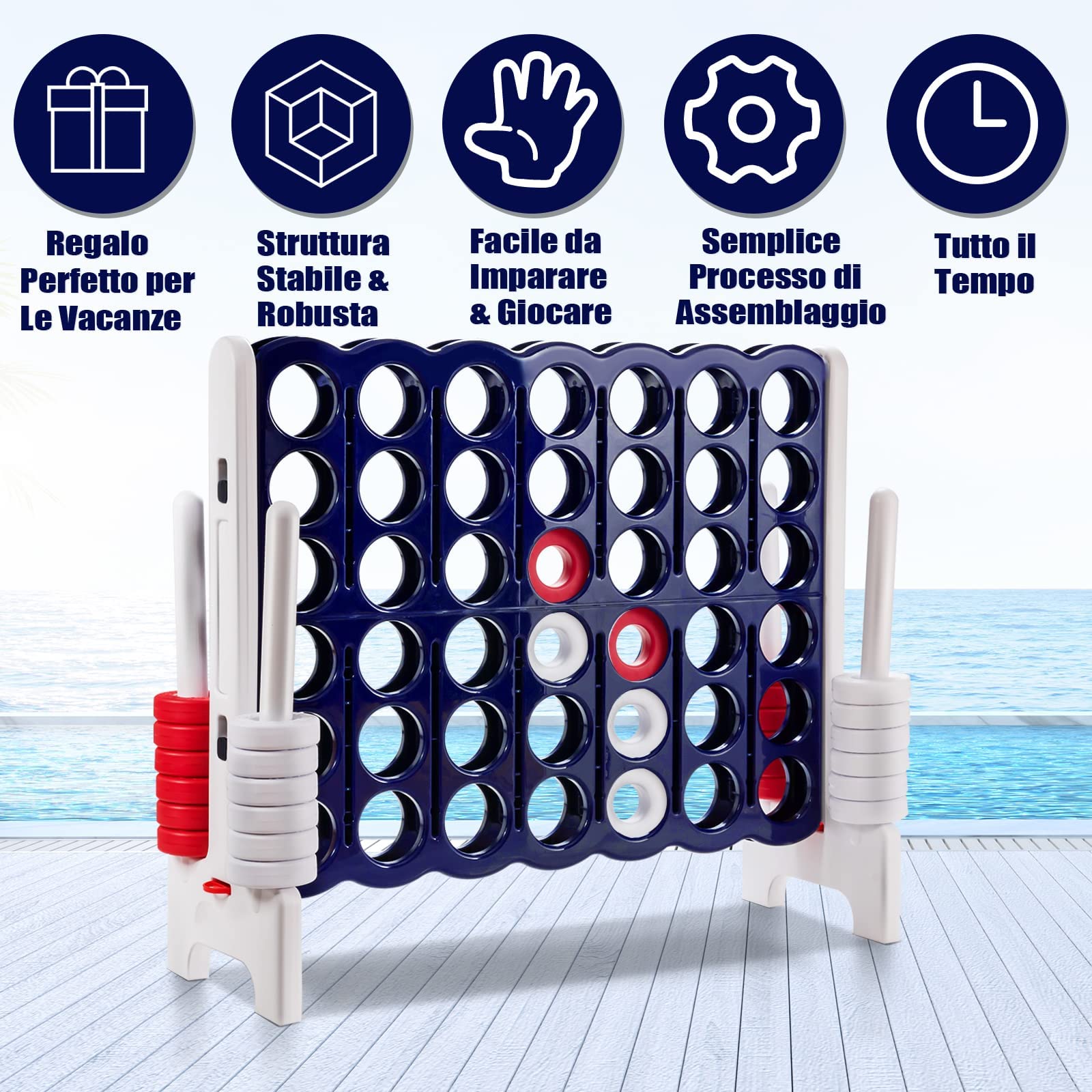 GYMAX Gioco a Terra di 4 in Linea, Grande Gioco della Strategia di Forza 4 con 42 Scacchi, per Bambini, Adulti, Gioco di Società per Riunioni di Famiglia, 120 x 42 x 104 cm (Grigio+Blu)