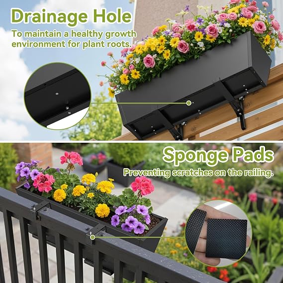 2 Pack Railing Planter Box 36 Inch - Heavy Duty Metal Window Boxes, Deck Railing Planter Boxes with Adjustable Bracket & Drainage, Hanging Planter for Deck Railing Balcony & Patio