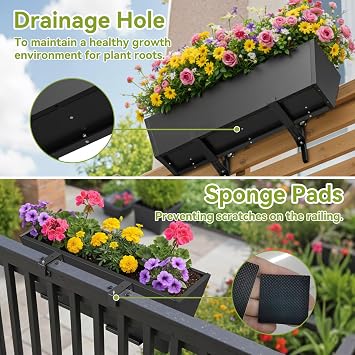 2 Pack Railing Planter Box 36 Inch - Heavy Duty Metal Window Boxes, Deck Railing Planter Boxes with Adjustable Bracket & Drainage, Hanging Planter for Deck Railing Balcony & Patio