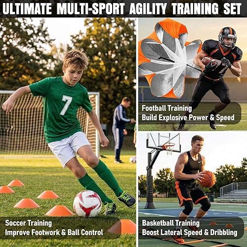 Miniatura 7 de Agility Ladder, Agility Speed Training Equipment Set, 20ft Speed Ladder, 12 Soccer Cones, 4 Hurdles, Jump Rope, Running Parachute, Soccer Football
