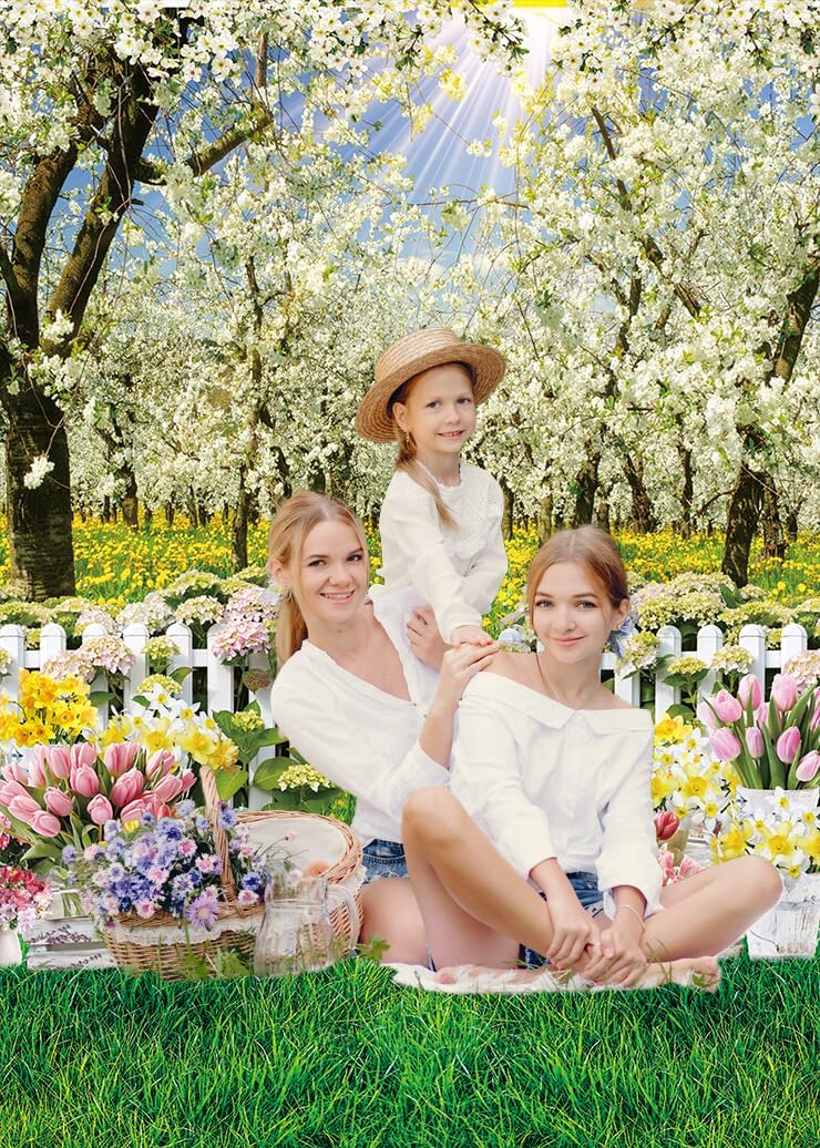 Spring Backdrop White Flowers Forest Tree Spring Garden Natural Scenery Easter Photography Background Kids Baby Shower Wedding Birthday Party Decorations Banner Photo Props (8x10FT)