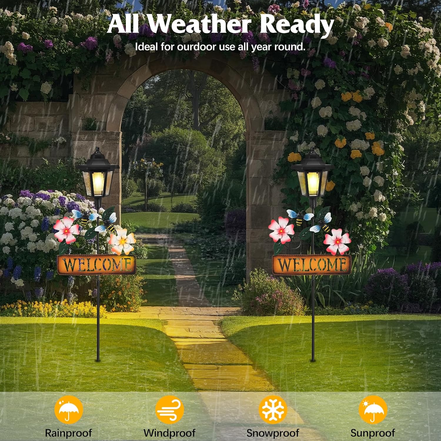 Lewondr Solar Garden Lights Bee, 37.4 Inch Solar Lamp Post Light with Welcome Sign & Bees, Outdoor Waterproof Solar Stake Lights for Yard Porch Patio Pathway Gardening Gifts, 2 Pack