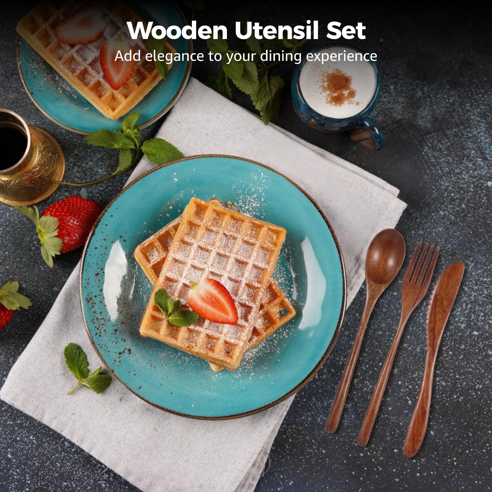 24-teiliges Holzbesteck-Set zum Essen mit Holzlöffel, Gabel und Messer, 22,5 cm lange Griffe, tragbares, leichtes Tischbesteck aus Phoebe-Nanmu-Holz, wiederverwendbar für Camping und Picknick
