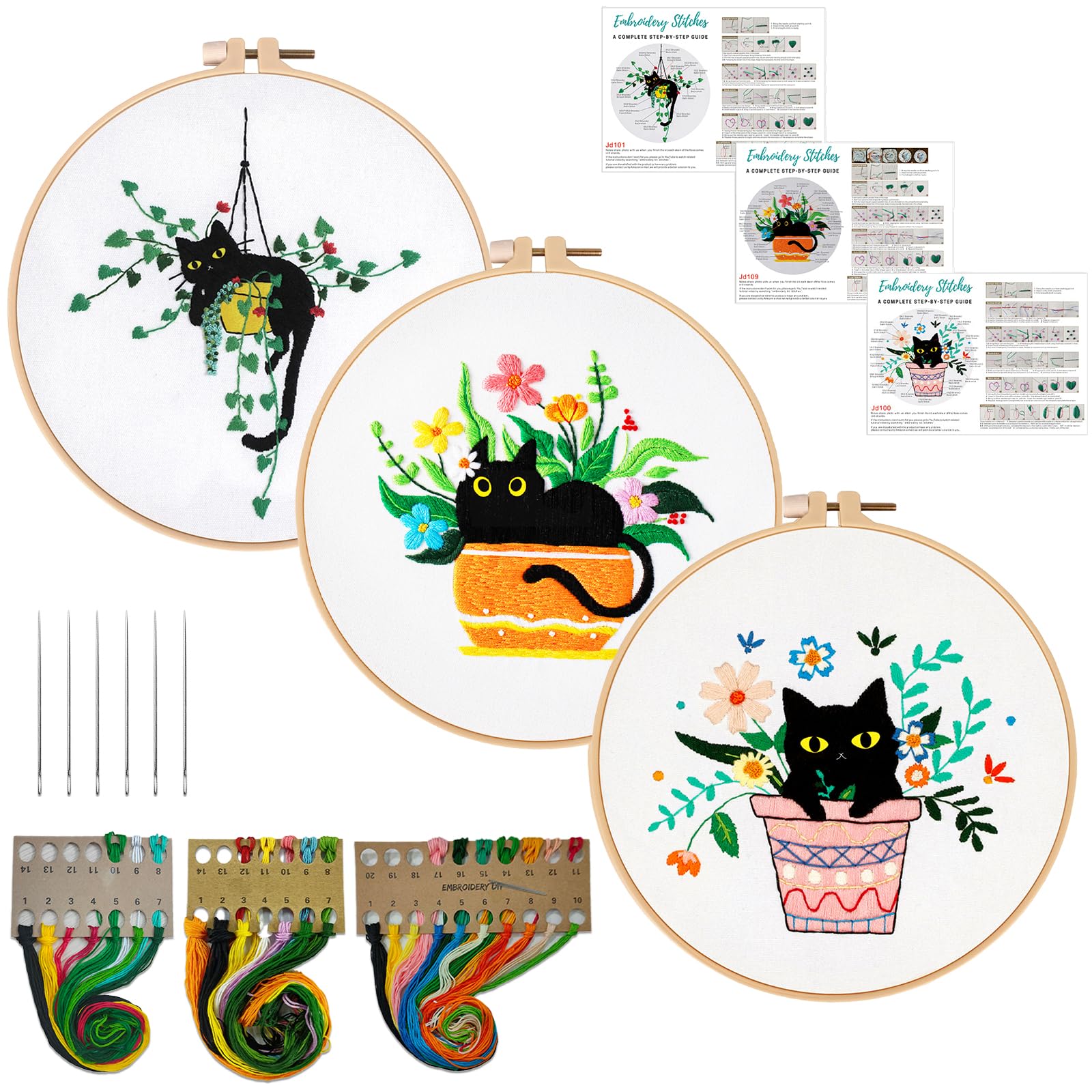 Nuberlic 3 Sets Cute Cat Embroidery Kit