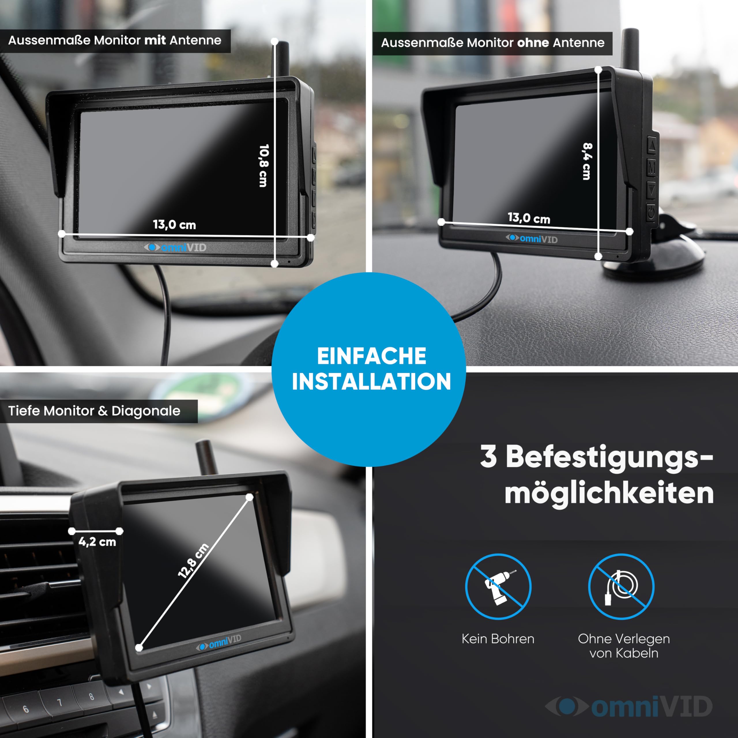 omniVID® Solar6 Premium Solar 5 Zoll Rückfahrkamera-System mit Parksensoren, Kabellos mit 5 Zoll Monitor u. solarbetriebender Kamera zum Nachrüsten mit PDC, Montage ohne Bohren, IP67 wasserdicht | Kabellos mit solarbetriebener Kamera und PDC, ohne Bohren