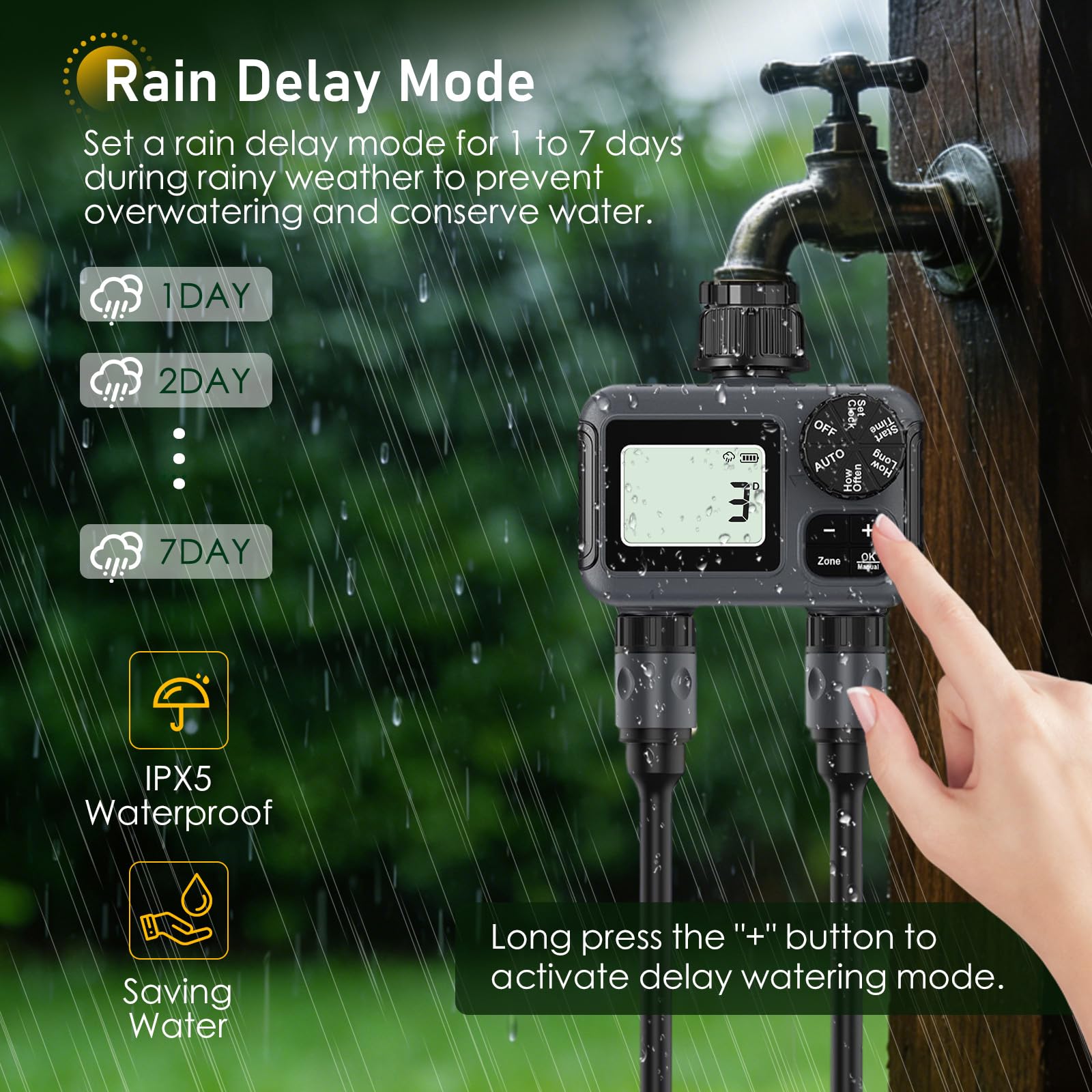 Temporizador de Riego 2 Salidas, Programador de Riego Automático con Retraso por Lluvia/Bloqueo para Niños/Riego Manual, Temporizadores de Mangueras de Jardín para Césped, IPX5 a Prueba de Agua