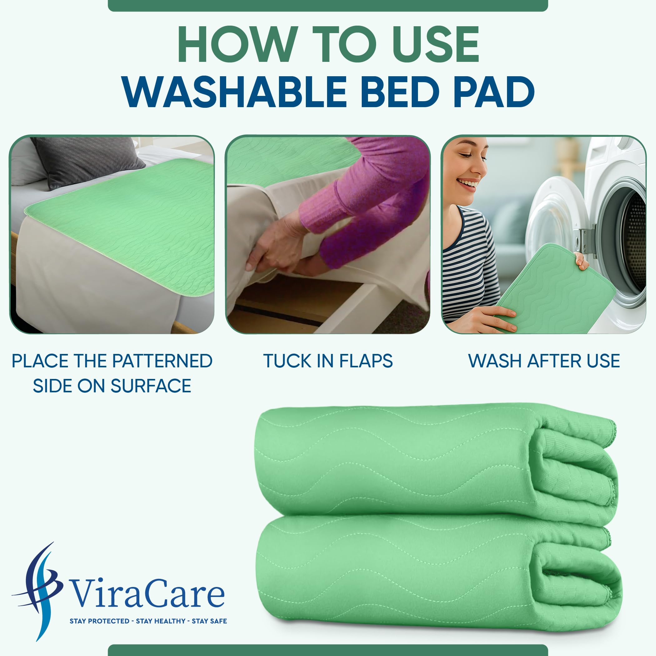 Lot de 2 alèses lavables pour incontinence, 85 x 115 cm, pour incontinence, convient pour lit double, avec plis et couleur verte, (85 x 115 cm, 1 lot de 2)