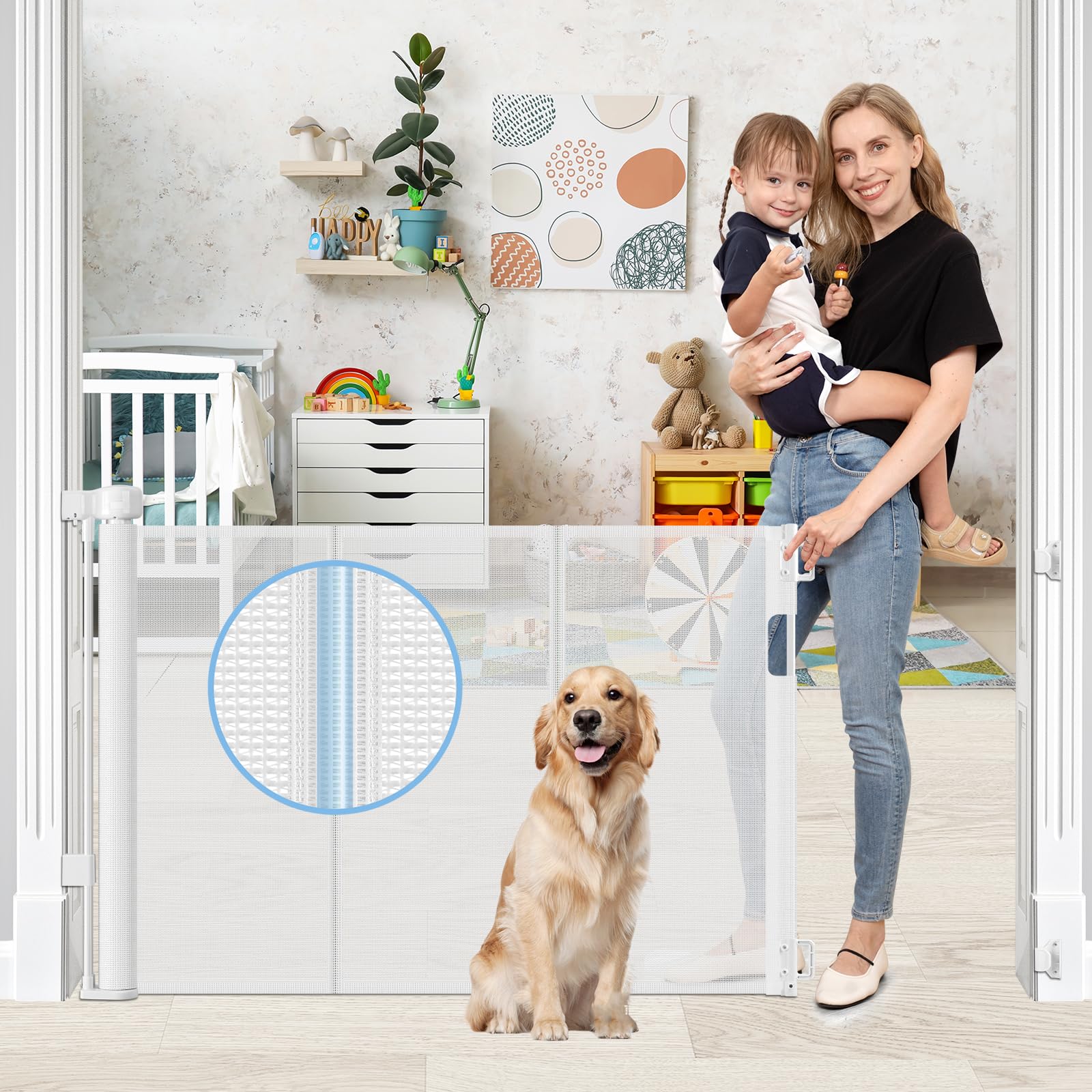 Reinforced Retractable Baby Gates with Support Rods, Retractable Pet Gate for Dog Prevent Bottom Crawling Through, Extends up to 55” Wide, Reinforced Mesh Stairs Gate for Kids Child Safety Gate, White