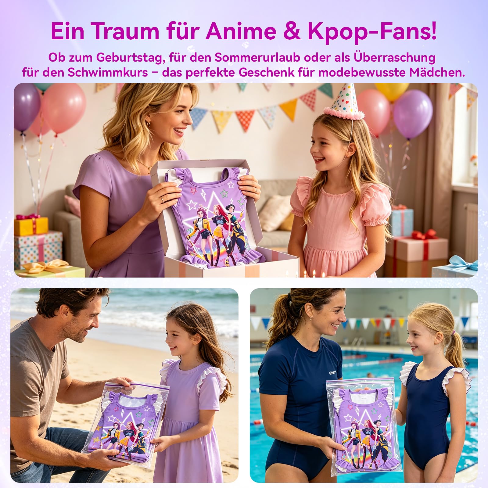 Badeanzug Mädchen, Einteiler Bademode mit Hohem Rücken, Breiten Trägern und Rüschen für Teenager, Elastischer Schwimmanzug, Schnelltrocknender Badebekleidung für Kinder von 6-14 Jahren, Lila