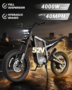 Jasion Patrol 52 Electric Bike for Adults&Teens,Ebike 4000W Peak 40MPH with 52V 30AH 1560Wh Battery,E Dirt Bike 50-Mile Range,19''/17'' Off-Road Tires,Full Hydraulic Brakes & Dual Suspension