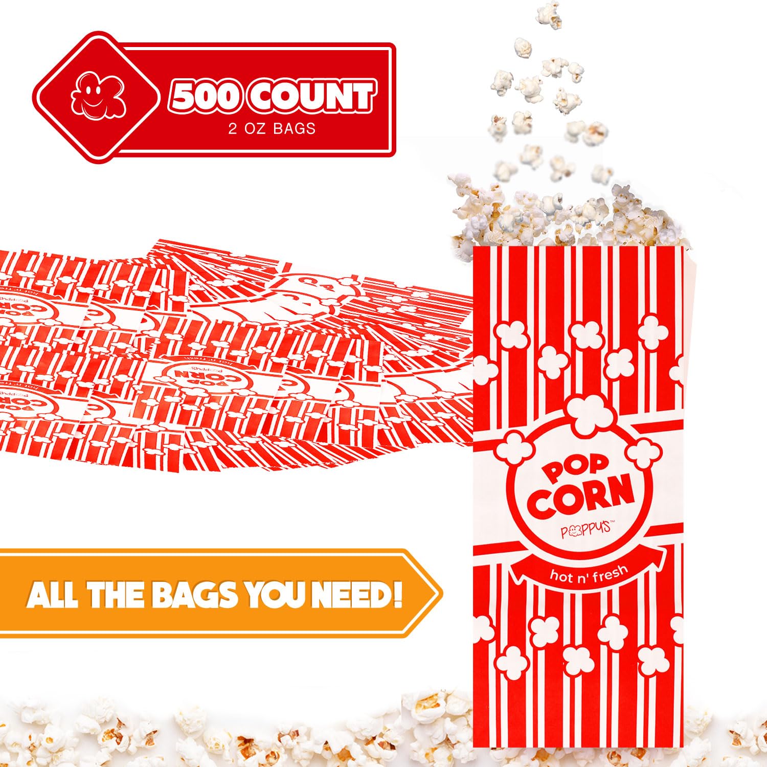 Poppy's Bolsas de papel para palomitas de maíz – 500 bolsas de grado concesionario de 2 onzas, accesorios para máquinas de palomitas de maíz para barras de palomitas de maíz, noches de cine,