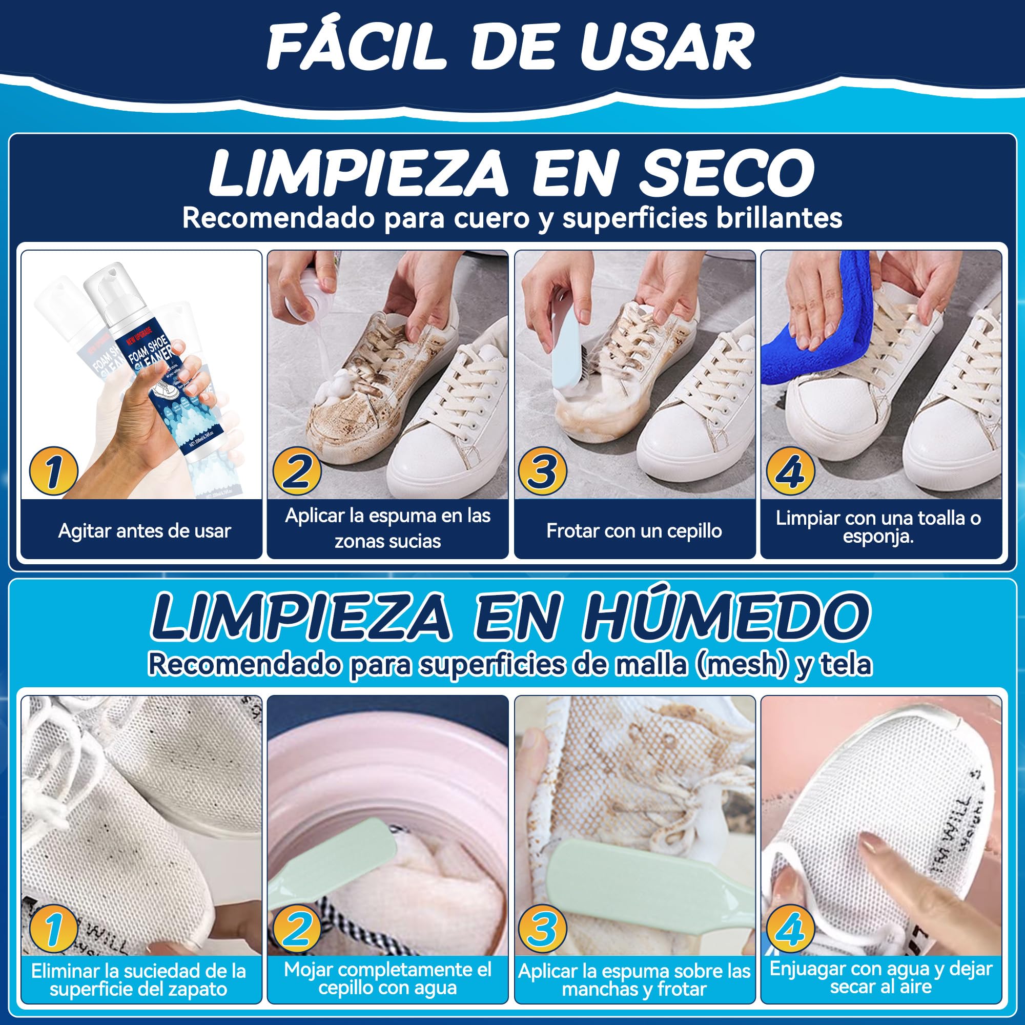 Kit limpieza zapatos, limpiador zapatillas blancas de 200 ml con cepillo y paño de microfibra. Limpia rápidamente sin agua zapatillas de cuero, lona, tejido de punto, goma y zapatillas para correr