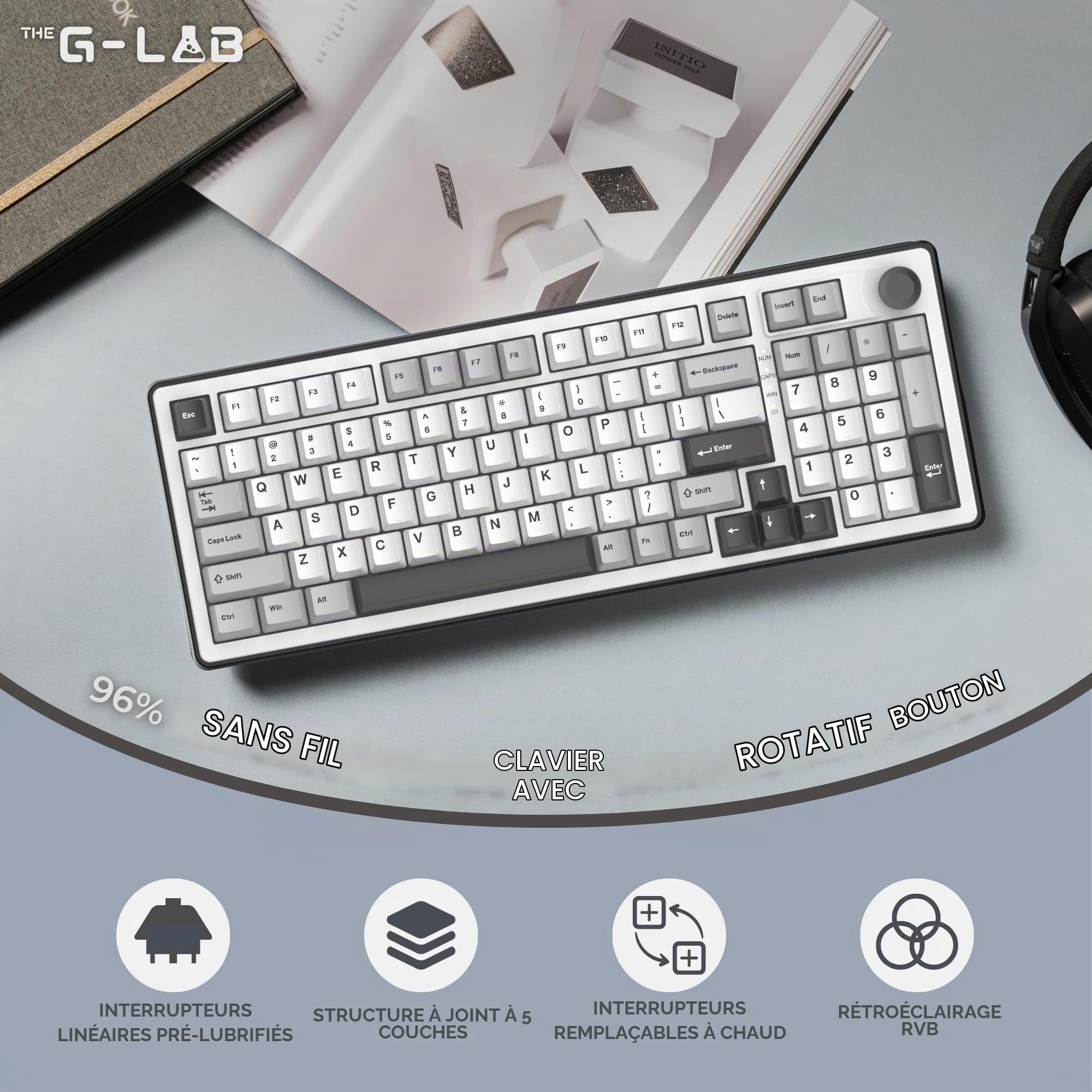 The G-Lab Keyz Elite 400 WG - Clavier Gamer sans Fil Mécanique Hot-Swap RGB | QWERTY US, Sans Fil Tri Mode 2.4GHz/Bluetooth/Filaire, Switch Mécanique Hot Swap Pré-lubrifiés, Gasket 5 Couches