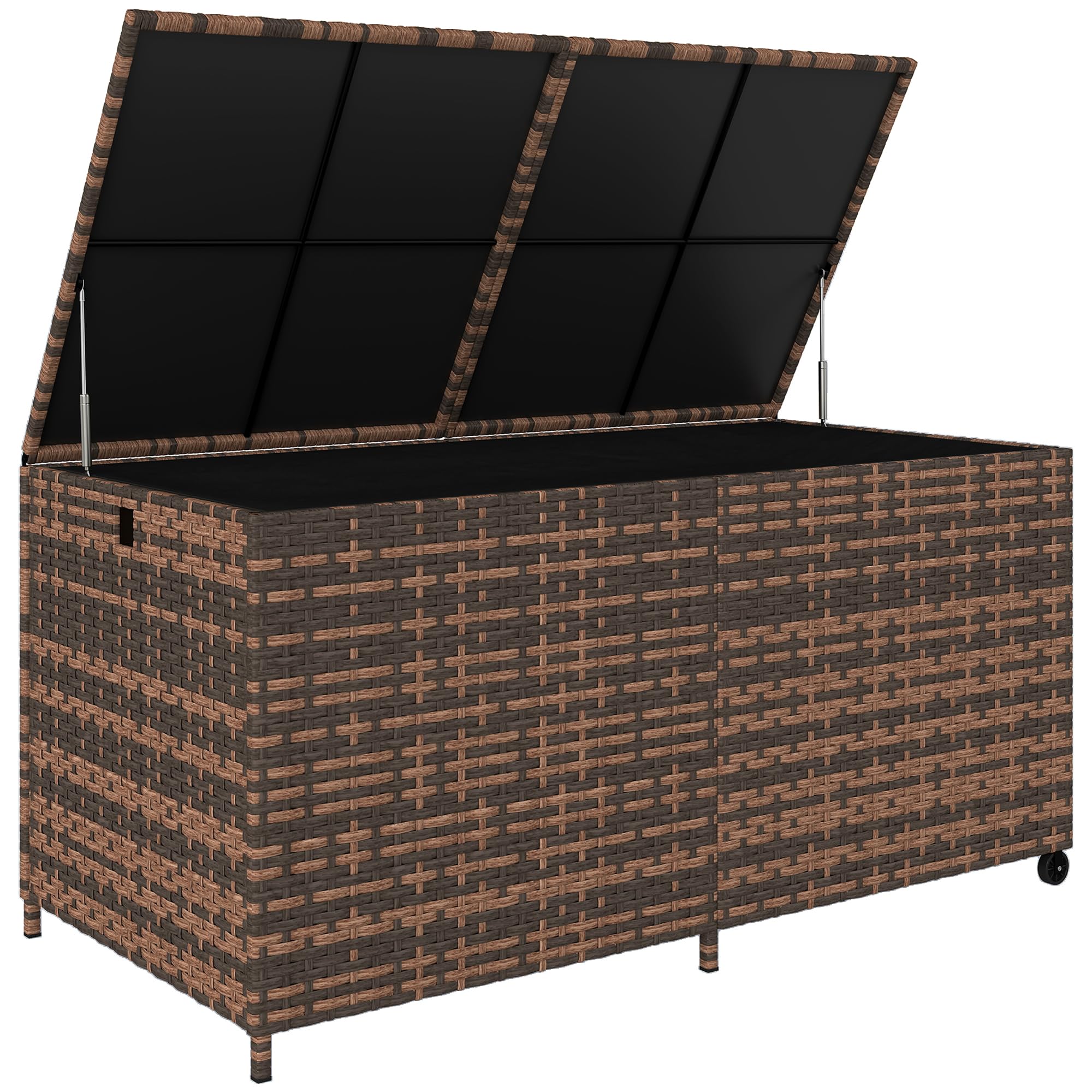 Outsunny 650L Extra Large Garden Storage Box with 2 Wheels, Rattan Deck Box with Waterproof Zipped Liner, Safe Pneumatic Rods, Patio Rattan Storage Container for Backyard Gardening Tools, Mixed Grey — view 10