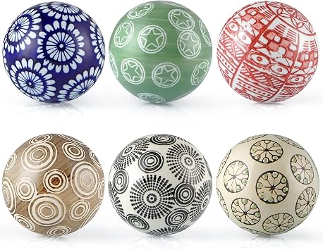 Decorative Porcelain Balls, 3 Centerpiece Balls Set, Floating Ceramic Orbs Spheres for Bowl, Vase, Basket, Dish, Fish Tank, Home Decor, Pack of 6 (Assorted Geometric)