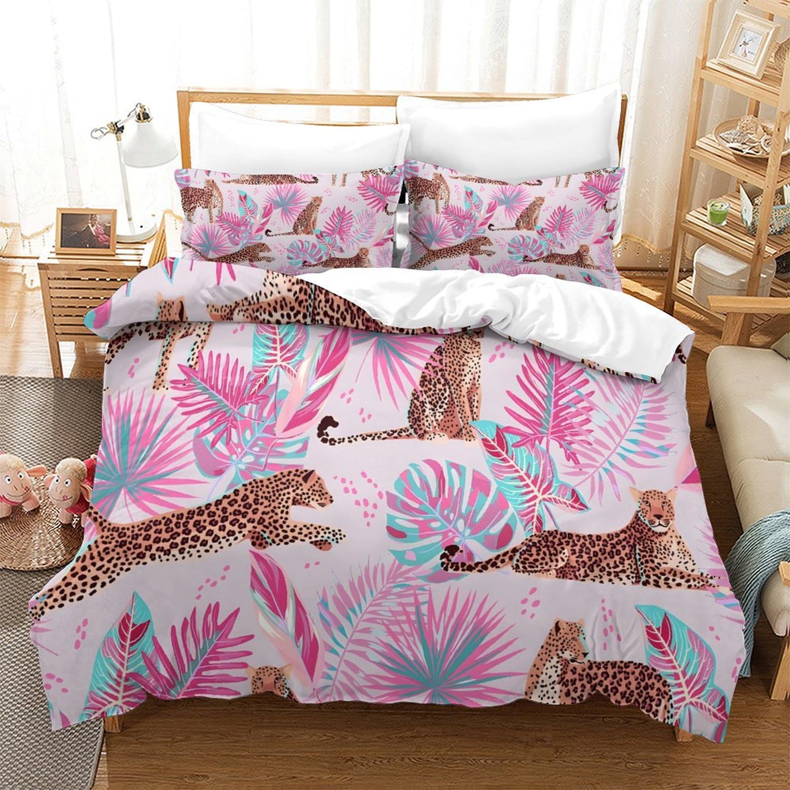 LIAOHENKAN Tropical Leaves Leopards Pink Teens Bedding Set Full Size 3Pcs Comforter Set Ultra Soft Quilt Set Duvet Cover Set with Zipper Closure Breathable Room Decor for All Ages Single（140x200cm）