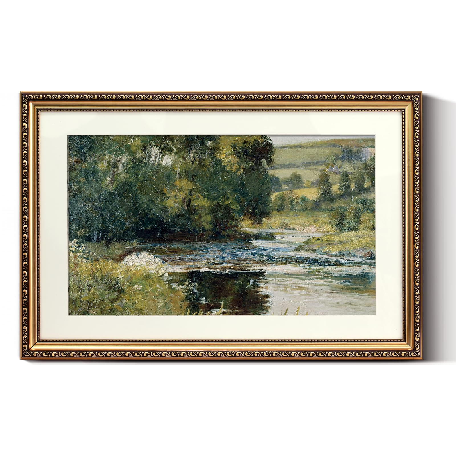 ARPEOTCY Vintage Gold Framed Large Wall Art, Nature Streamside Retro Paintings, Landscape Canvas Prints Artwork with Antique Frame, Victorian Wall Picture Decor for Gallery Living Room 16x24 inch