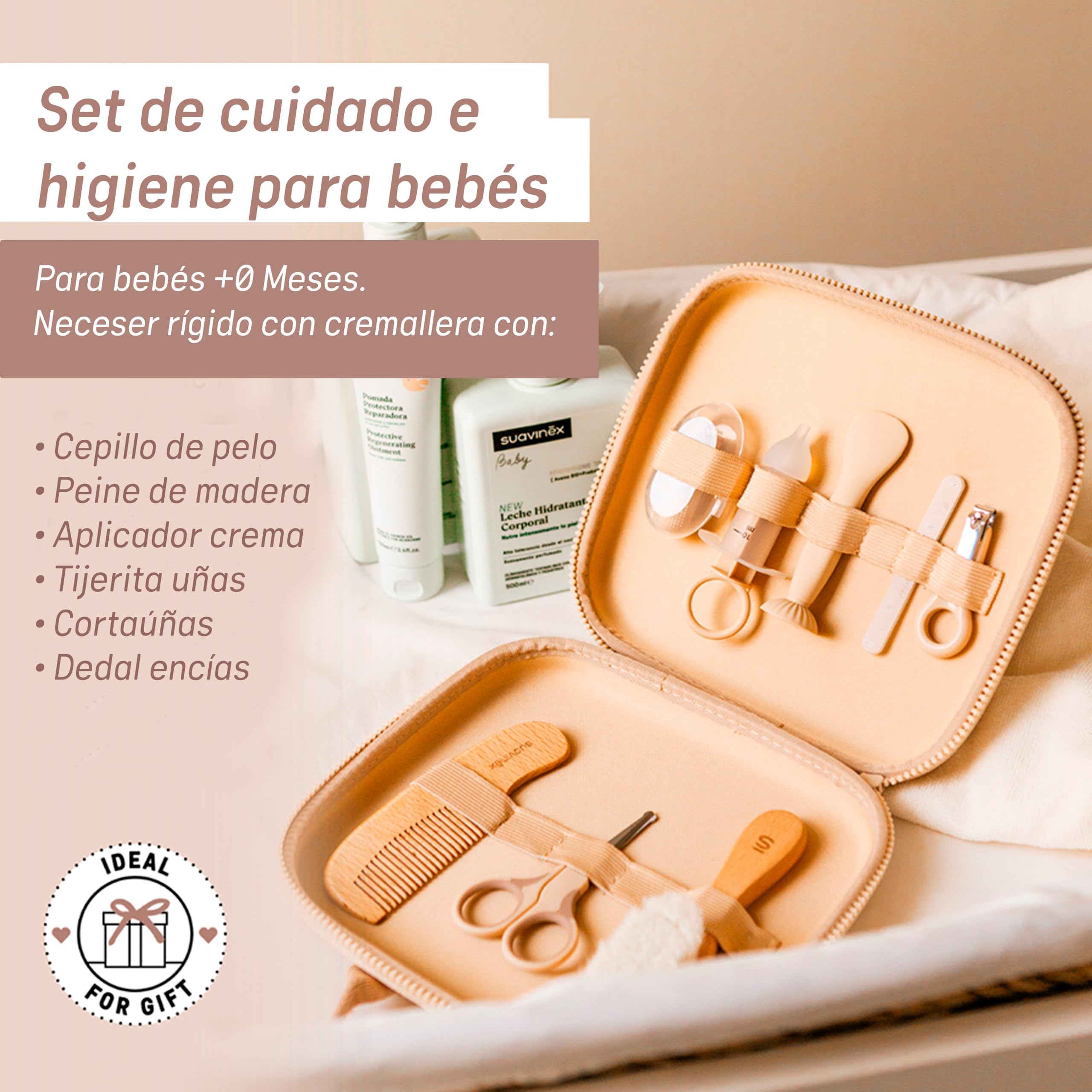 Suavinex, Kit Higiene Bebé con Neceser, Set Cuidado Recién Nacido, Beige | Con: Cortauñas + Lima Vidrio + Tijeritas + Cepillo + Peine + Dedal Encías + Aplicador Crema. Semi-rígido, Cremallera y Asa