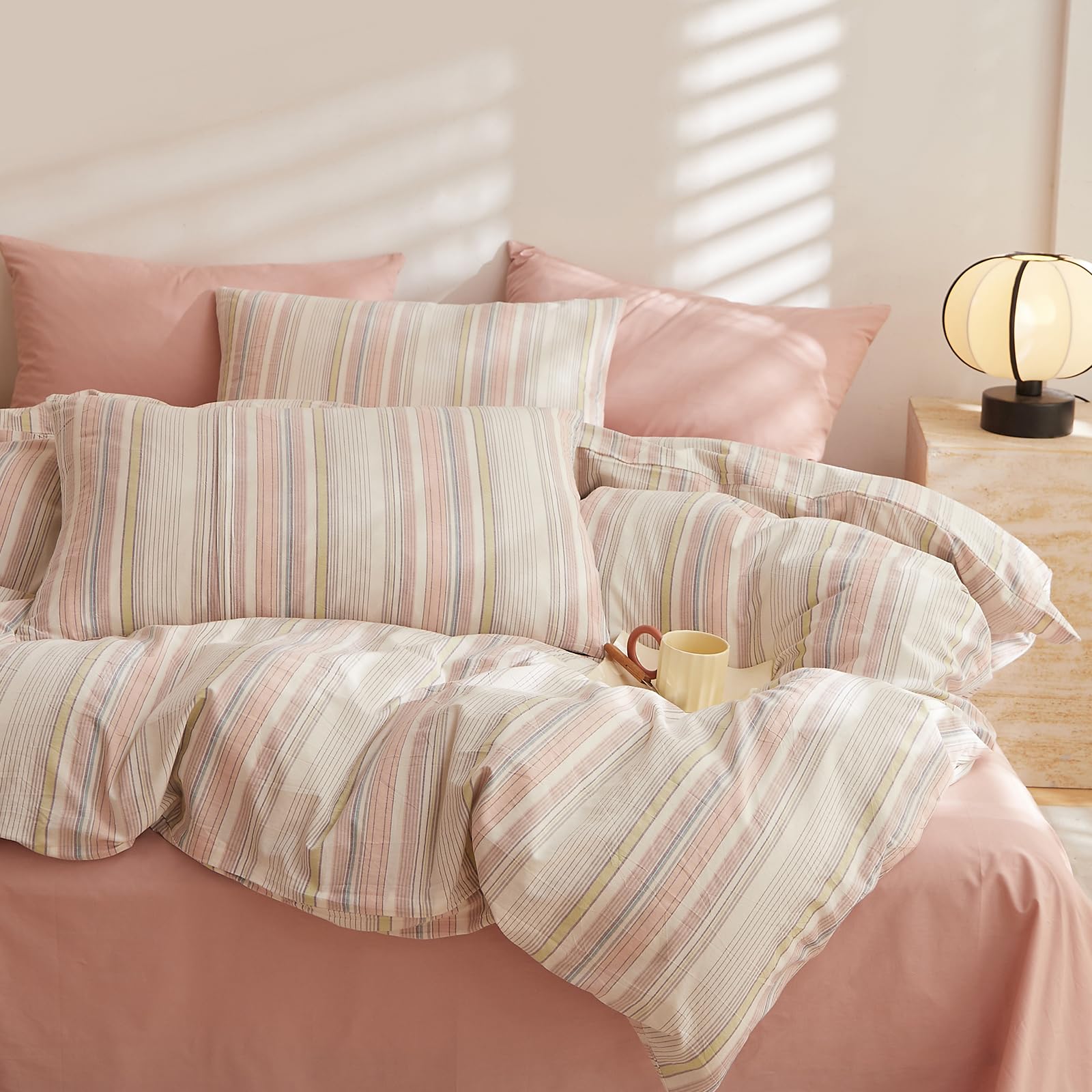 LifeTB Pink Striped Duvet Cover Set King, 100% Washed Cotton Multicolor Stripes Pattern Printed Comforter Cover, 3 Pieces Farmhouse Striped Bedding Set Luxury Soft Breathable Duvet Cover King — image 1