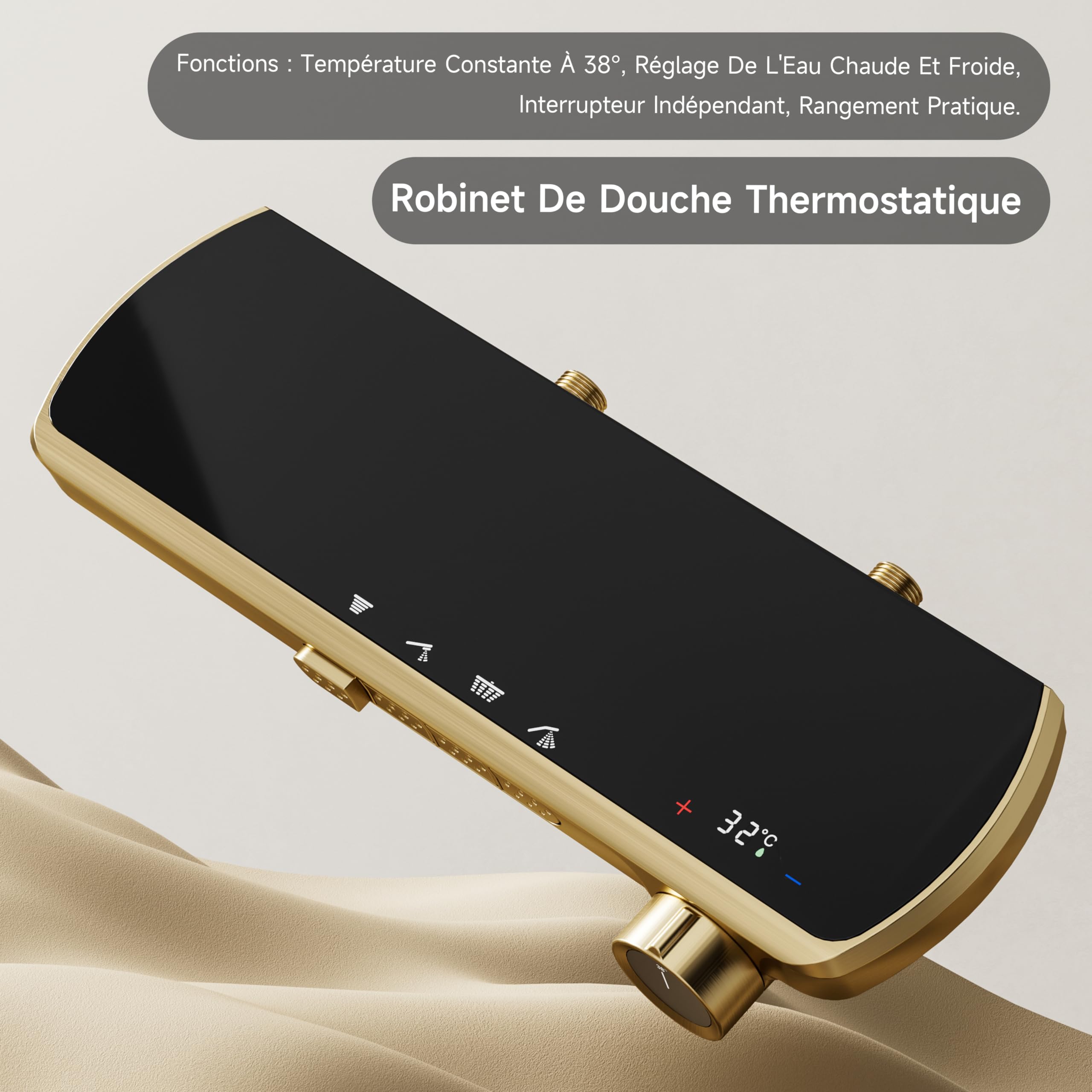 Colonne de douche, or brossé, colonne de douche thermostatique | Système de douche à 4 fonctions avec une pomme de douche 350 × 220 mm, une douchette, un pistolet et une sortie d'eau basse
