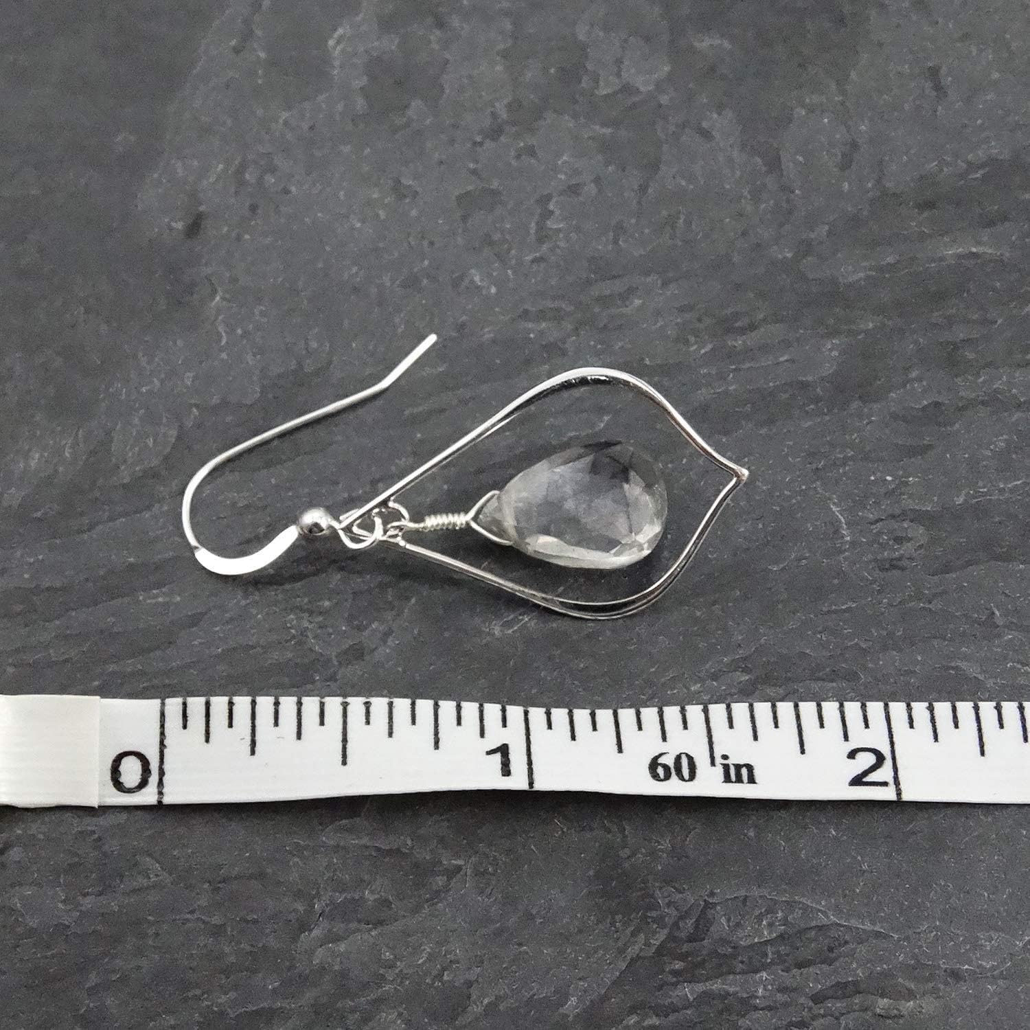 Designed By Stacey Handmade 925 Sterling Silver Teardrop Earrings, Light Grey Quartz Dangle Drop, Statement Jewelry, Gifts for Sister, Birthday, Anniversary, Wedding, Prom, Homecoming