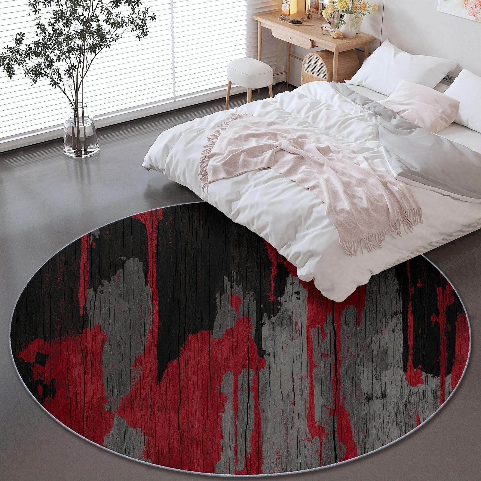 Mehrfarbig Runder Teppich Wohnzimmer 100 cm, Waschbar & Rutschfester Kurzflor Teppiche Schlafzimme, Industrieller Used-Look Gealterte Holzmaserung Teppich Rund für Kinderzimmer, Esszimmer, Büro