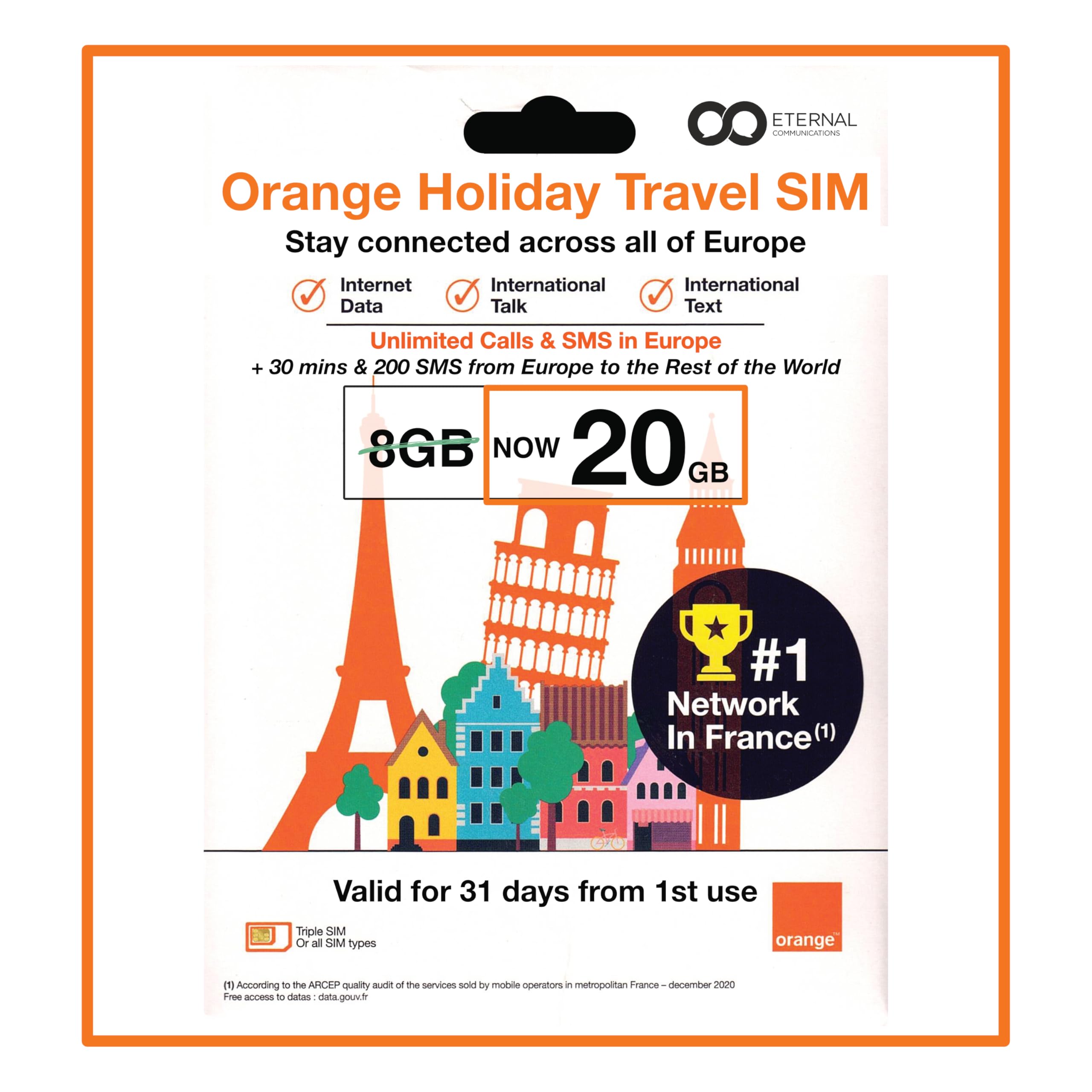 Preloaded Orange Travel Sim Card Now with 20GB of 4G Data, Unlimited Calls & SMS in Europe, 30 mins & 200 SMS from Europe to Worldwide (Lasts for 31 Days). Tethering Allowed