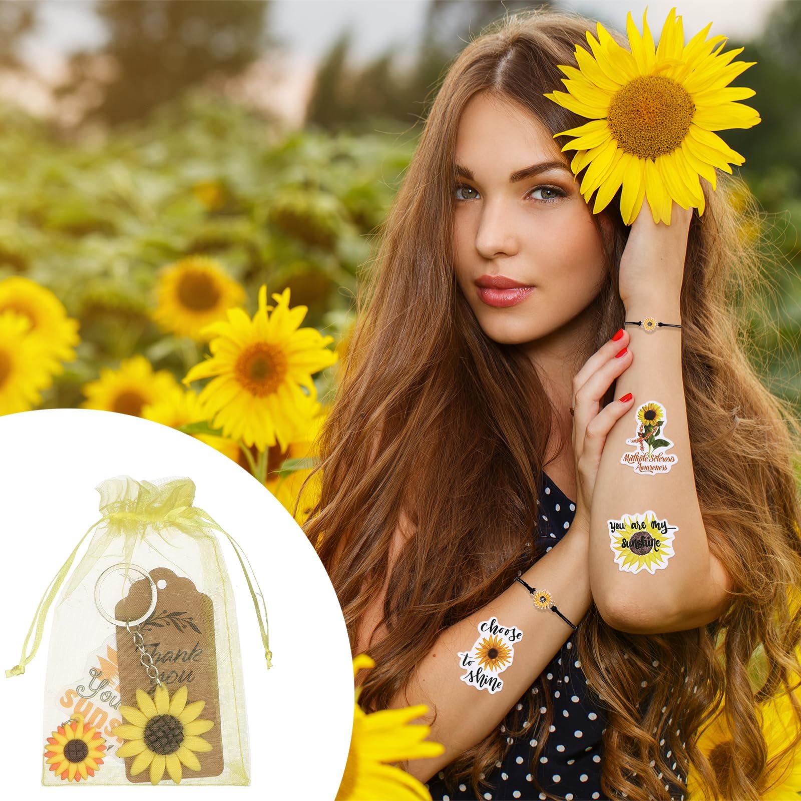 130 regali per feste a forma di girasole con portachiavi con girasole regolabili, adesivi per girasole, etichette di ringraziamento, sacchetti in organza per compleanni, matrimoni, feste estive