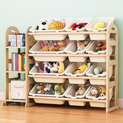 Toy Storage Organizer, Wooden Toy Organizers and Storage with Bookshelf, Toy Storage Shelf with 3 Shelves and 12 Storage Bins, Kids Bookshelf for Playroom, Nursery, Bedroom, Bookcase for Kids, White
