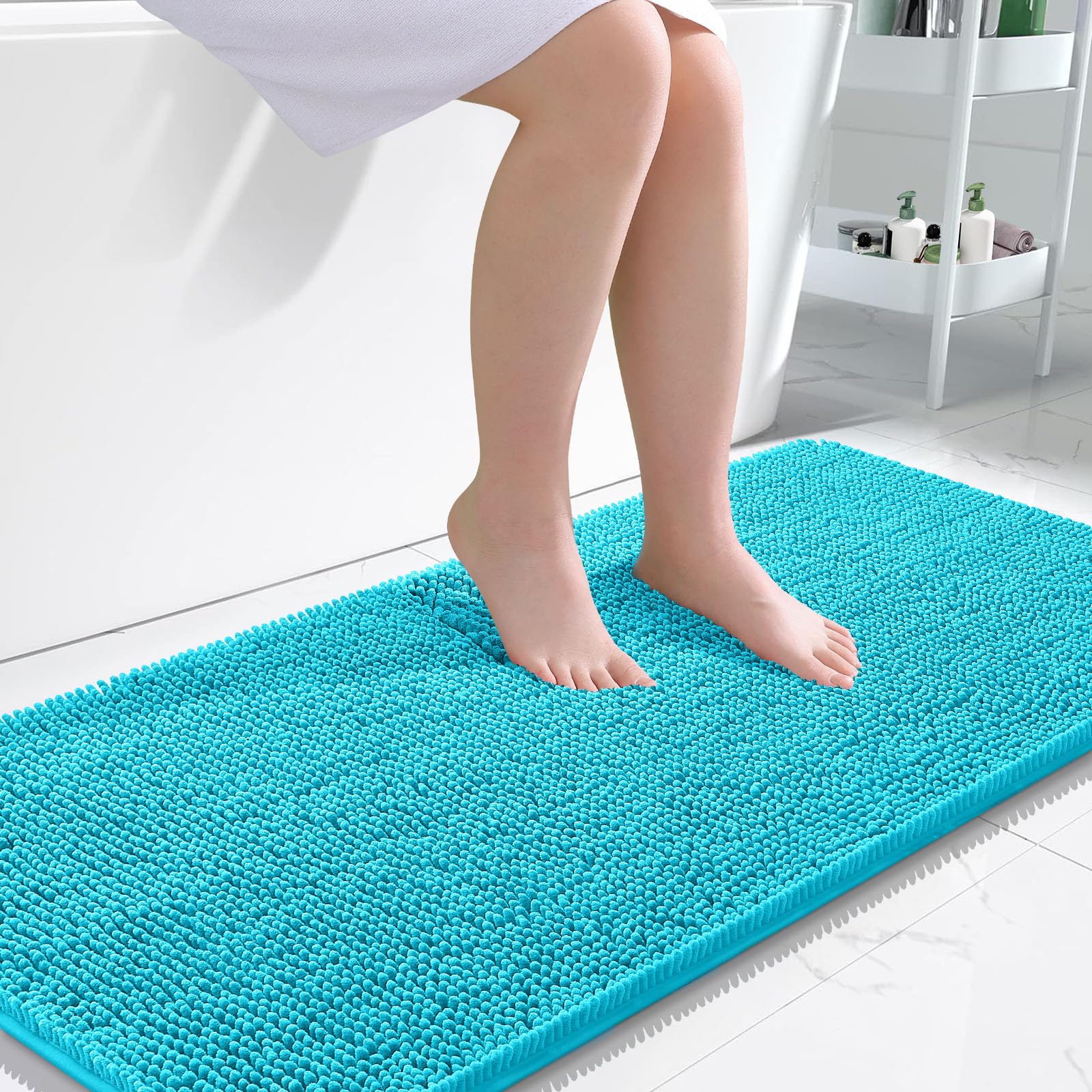 OLANLY Bathroom Runner Rugs 45x27, Extra Soft Absorbent Chenille Bath Rugs | Aqua Sky, Quick-Drying Rubber Backing, Washable Long Bath Mat for Bathroom Floor, Tub and Shower, Home Decor Accessories