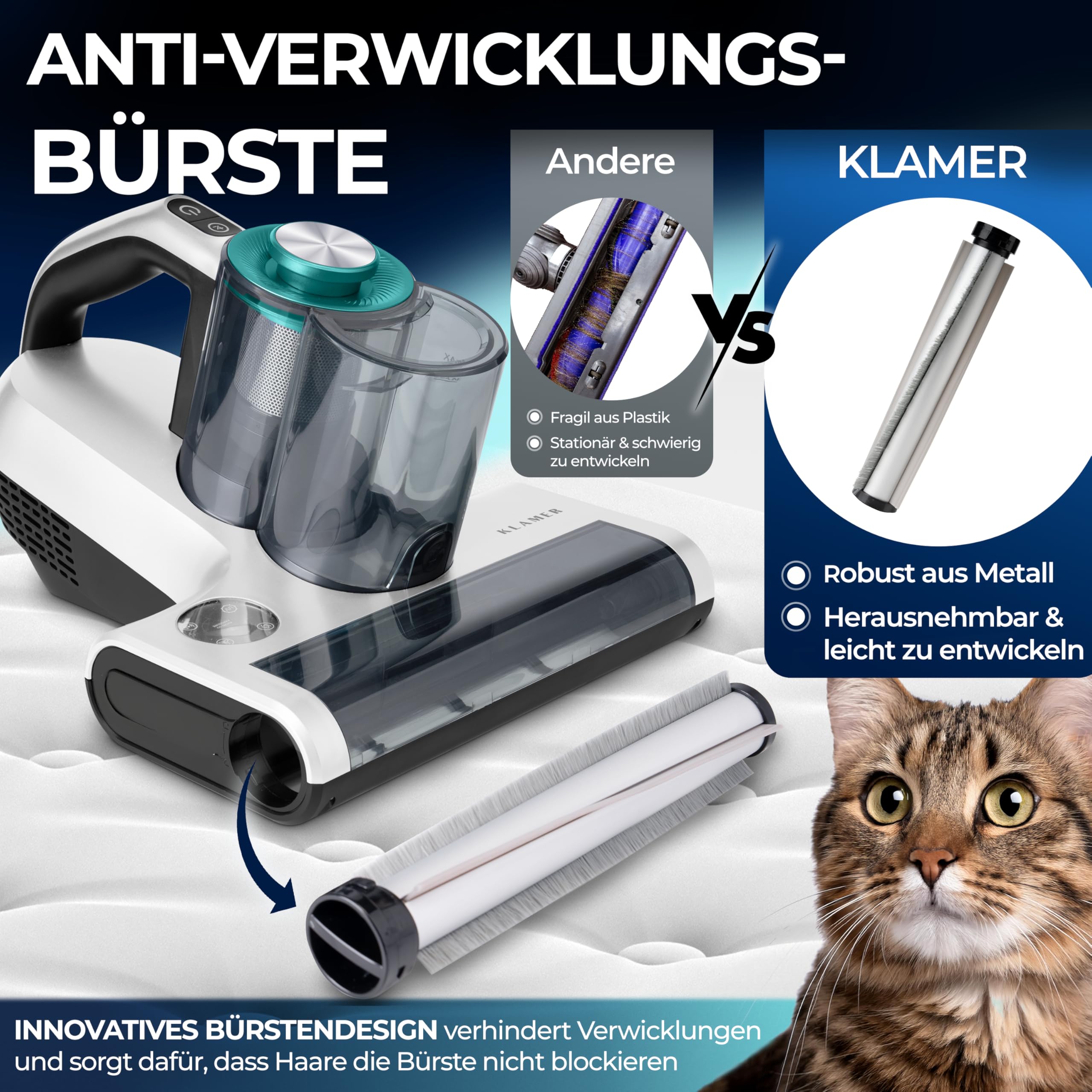 KLAMER Milbensauger 18kPa – Matratzensauger mit UV-Licht & 60°C Tiefenreinigung, Ultraschall & Schlagmodi, Anti-Verwicklungs-Bürste für Tierhaare, HEPA-Filter gegen Milben & Allergene