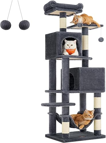 Feandrea Árbol para gatos, torre para gatos de 61 pulgadas para gatos de interior, condominio de felpa de varios niveles para gatos con 5 postes