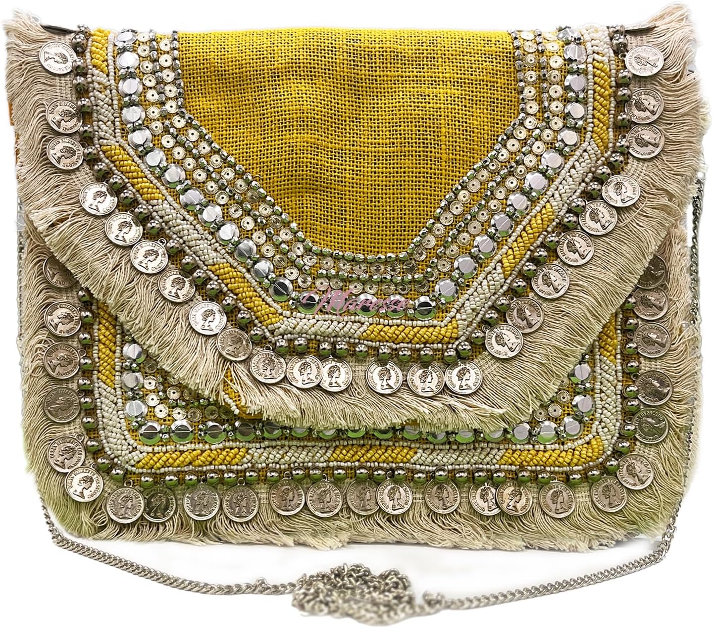 Maresse Women Ethnic Embellished Handmade Designer Boho Bag | Stylish Bohemian Crossbody Purse | Ideal for Festivals, Weddings and Casual Outings| Unique Fashion Accessory (Mustard Shine)