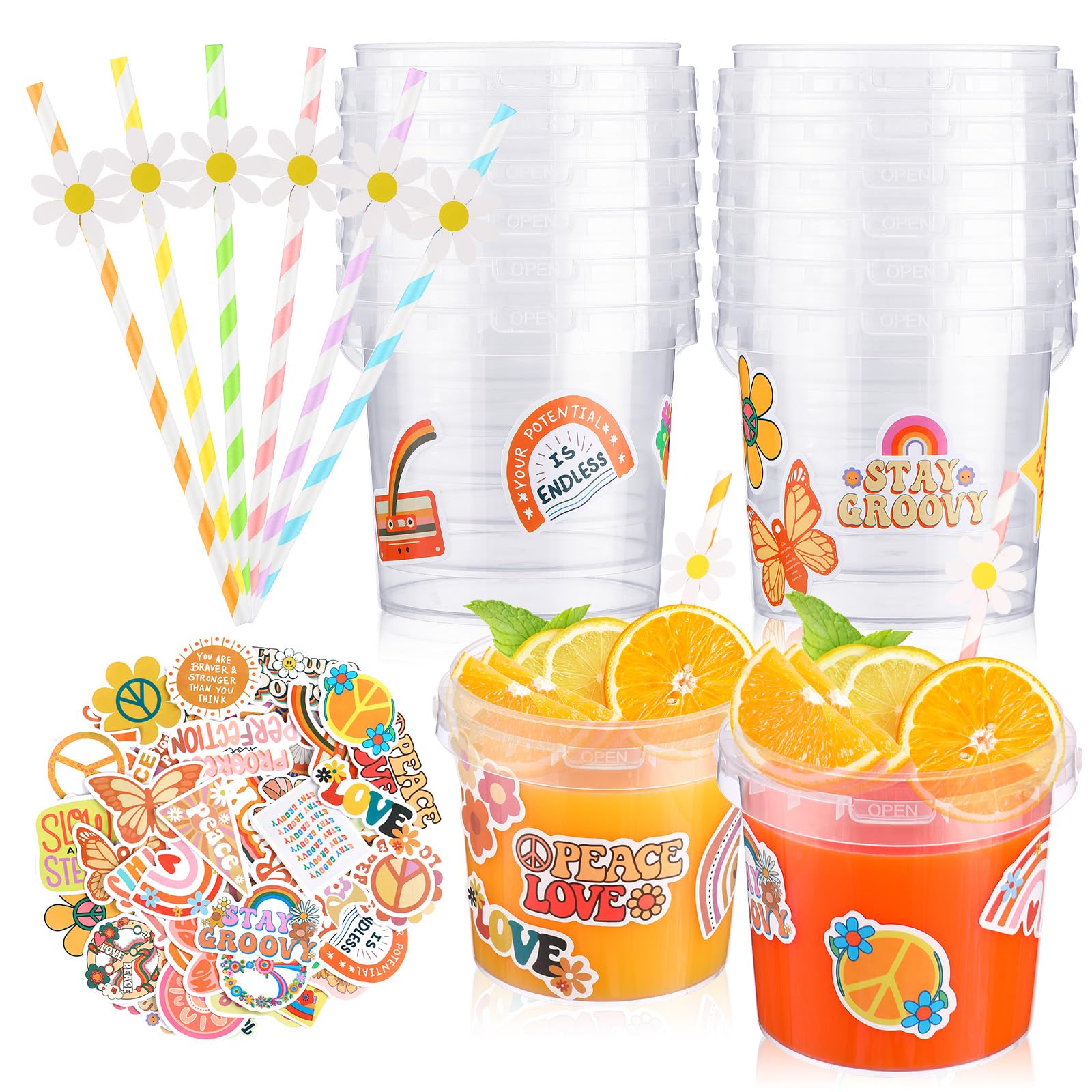 20 Pcs 32 oz Ice Cream Buckets with Lids and Handles Clear Cocktail Rum Buckets Reusable Food Containers with 100 Pcs Boho Stickers 24 Pcs Boho Flower Straws for Party Supplies