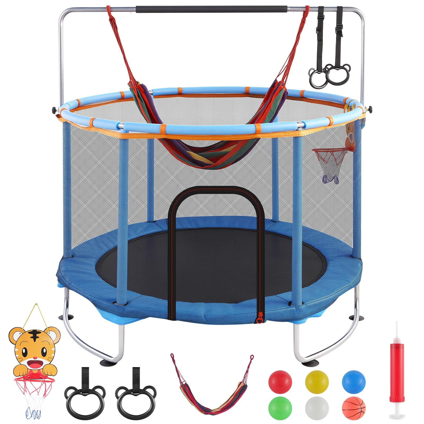 150cm Trampoline Exterieur Enfant, Multifonctionnel 5 en 1 Trempoline avec Balançoire, Panier Basket, Anneaux, Filet Sécurité et Ventouses Antidérapantes, Hauteur Réglable pour Enfants 2 à 9 Ans