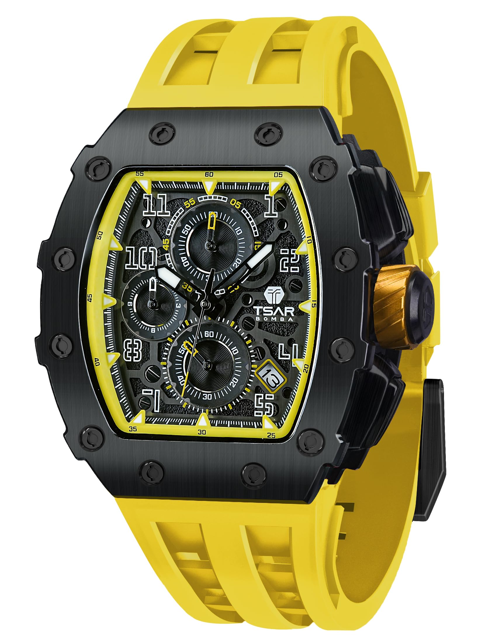 TSAR BOMBA Watches for Men Luxury Mens Watch Chronograph 50M Waterproof Sapphire Glass Japan Quartz Movement Silicone Strap Classic Tonneau Design Luminous Calendar Wrist Watches