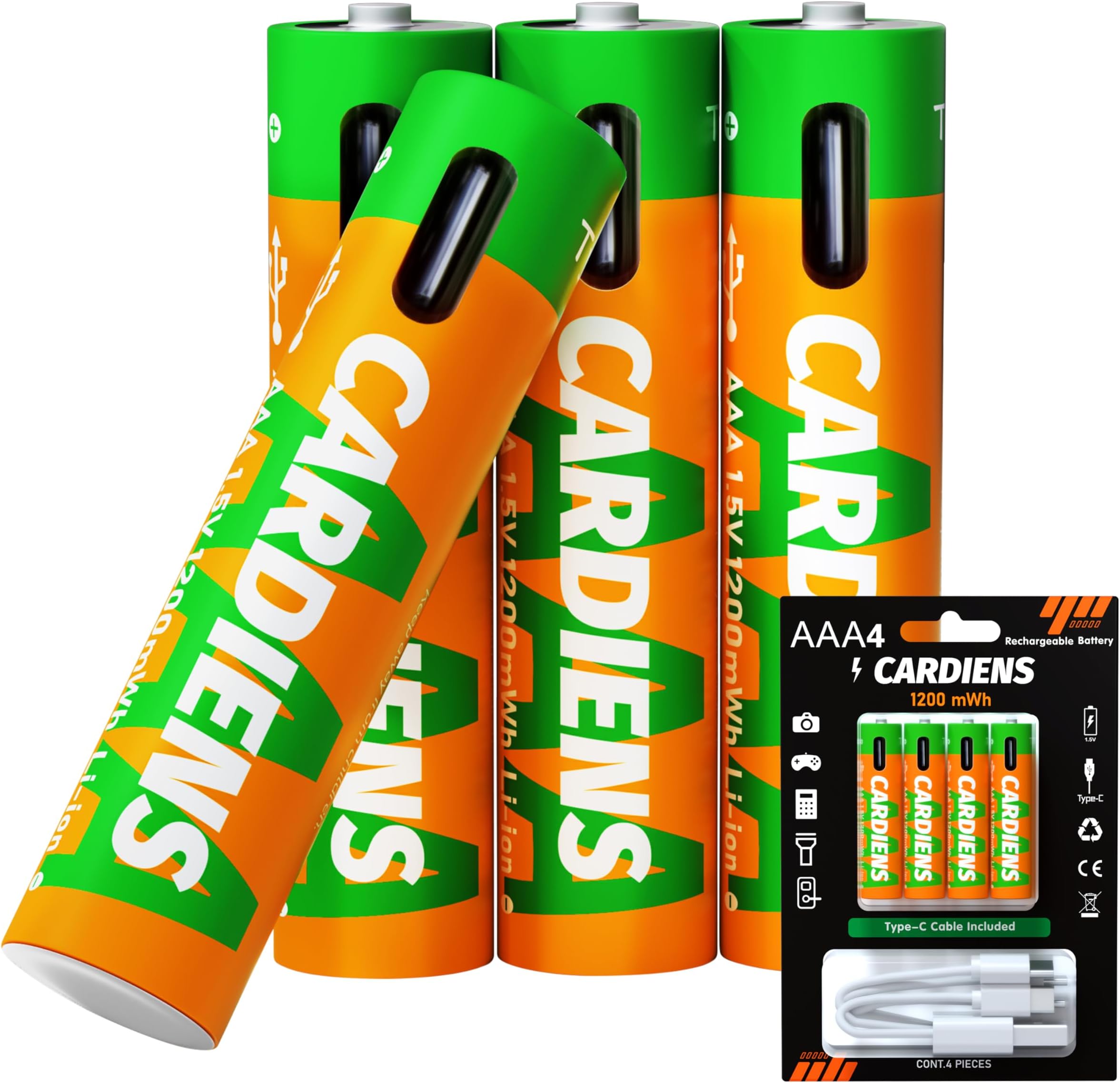 Rechargeable AAA Batteries USB C 1200 mWh Triple AAA Rechargeable Battery 1.5V AAA Batteries with 4-in-1 Charging Cable and LED Charge Indicator, 4-Pack