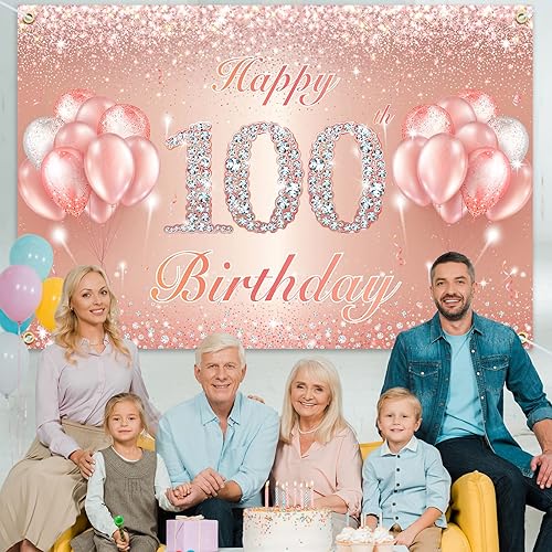 Miniatura 7 de Fondo de pancarta de feliz cumpleaños número 100, suministros de decoración de fiesta de cumpleaños número 100 para mujeres u hombres, oro rosa, 4 x